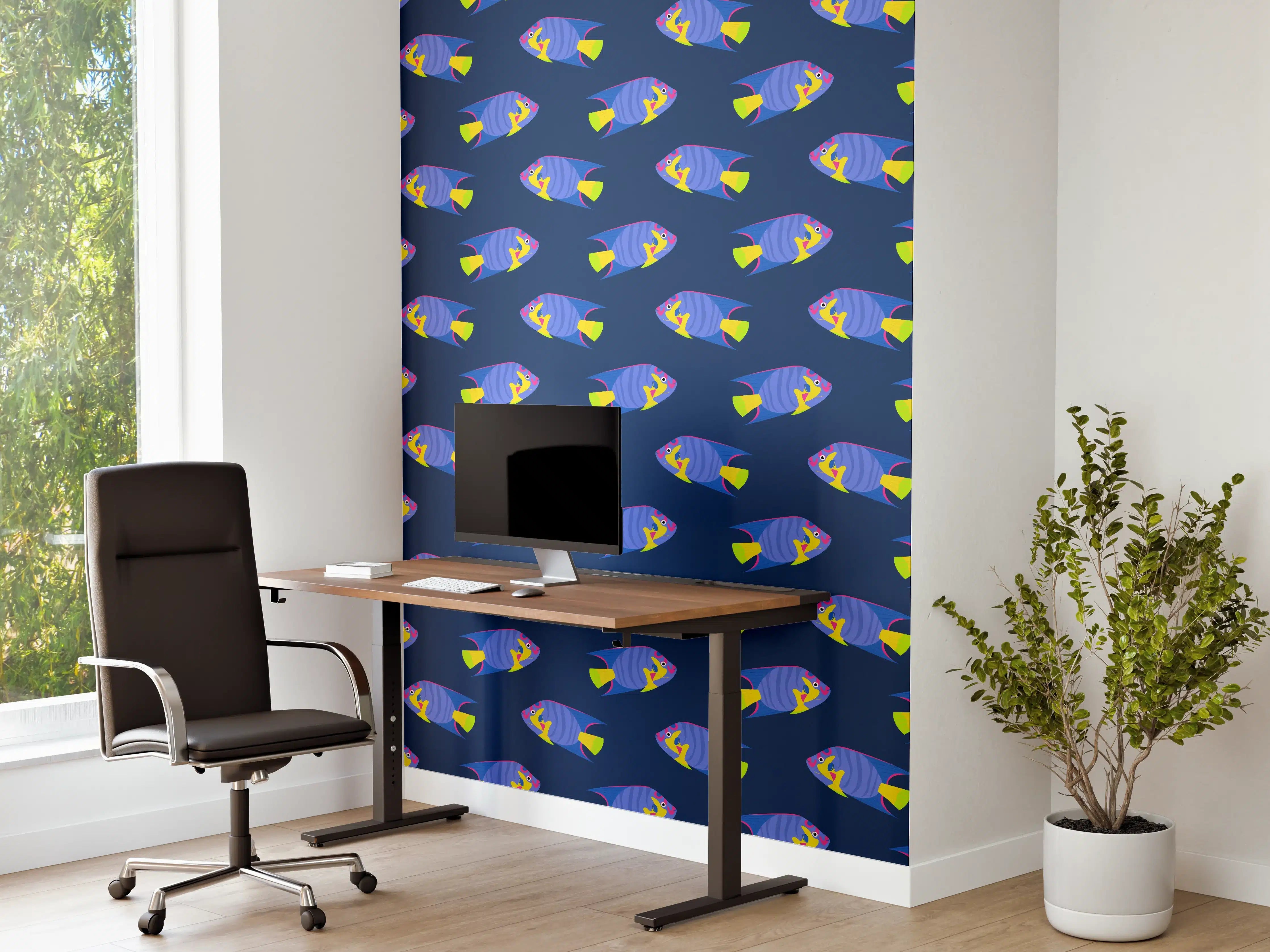 Büro Wandgestaltung - Neon-Fische Blau-Gelb Muster