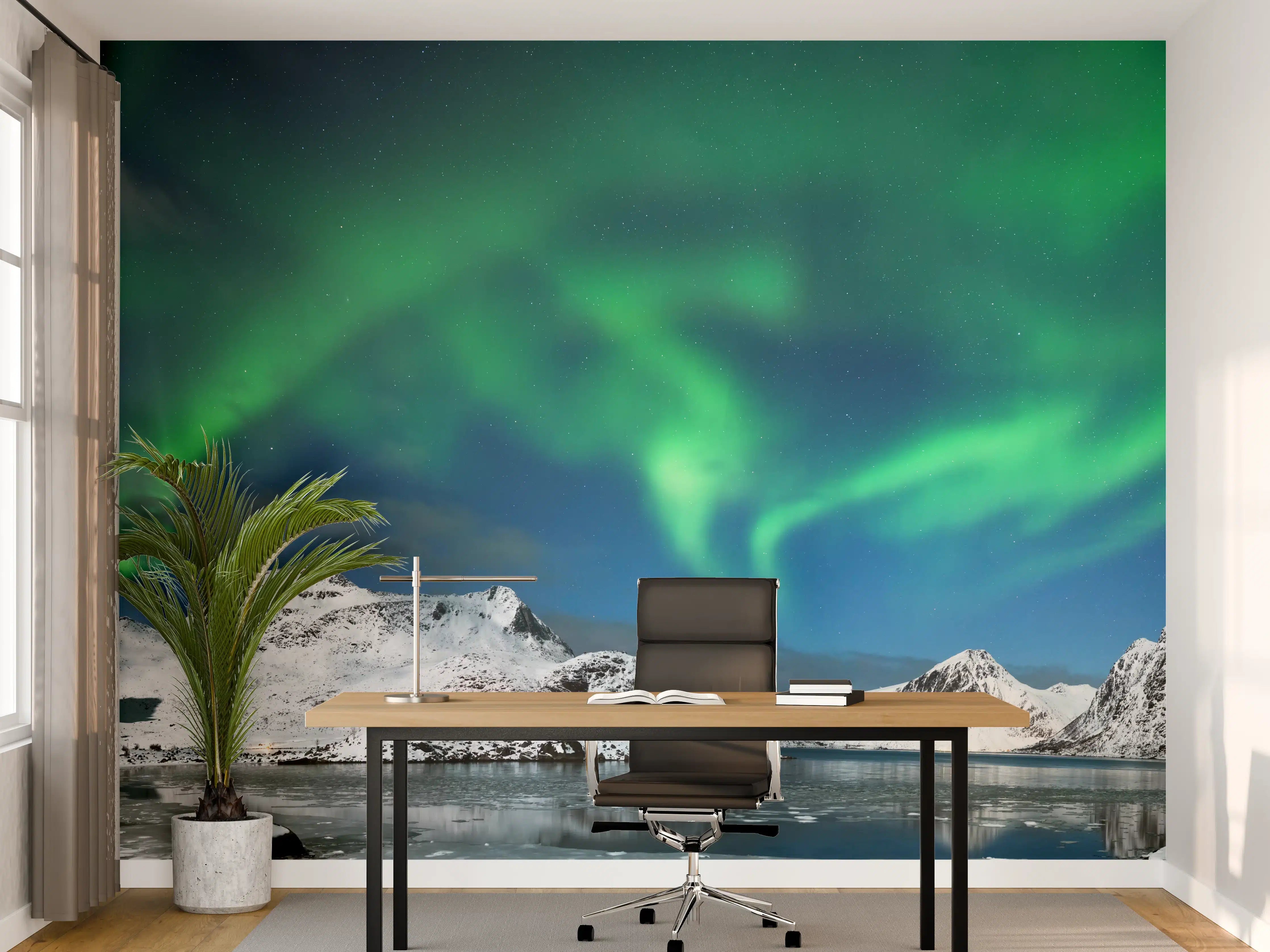Büro Wandgestaltung - Nordlicht über verschneitem Fjord