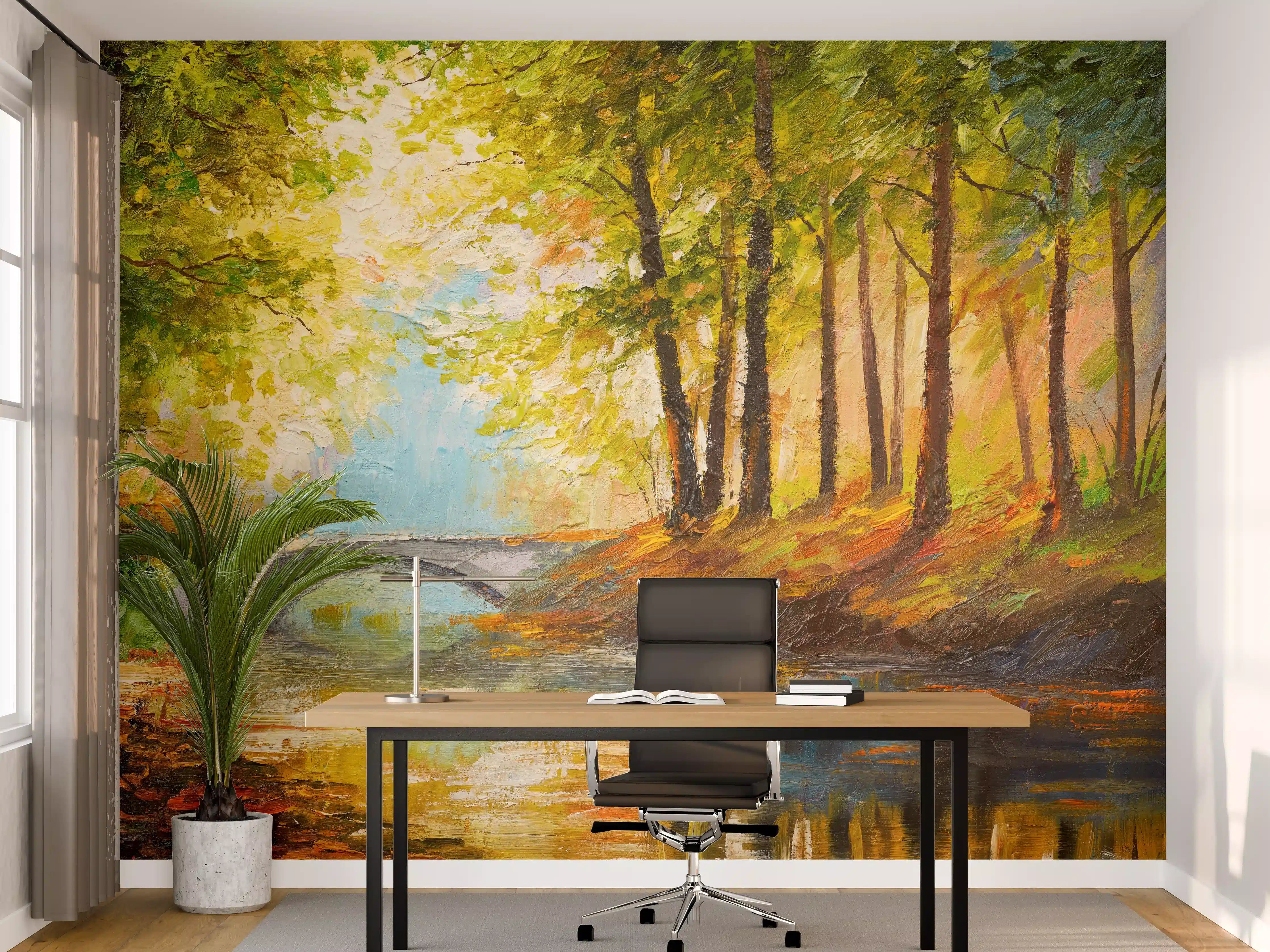 Büro Wandgestaltung - Ölgemälde Herbst Wald mit Fluss