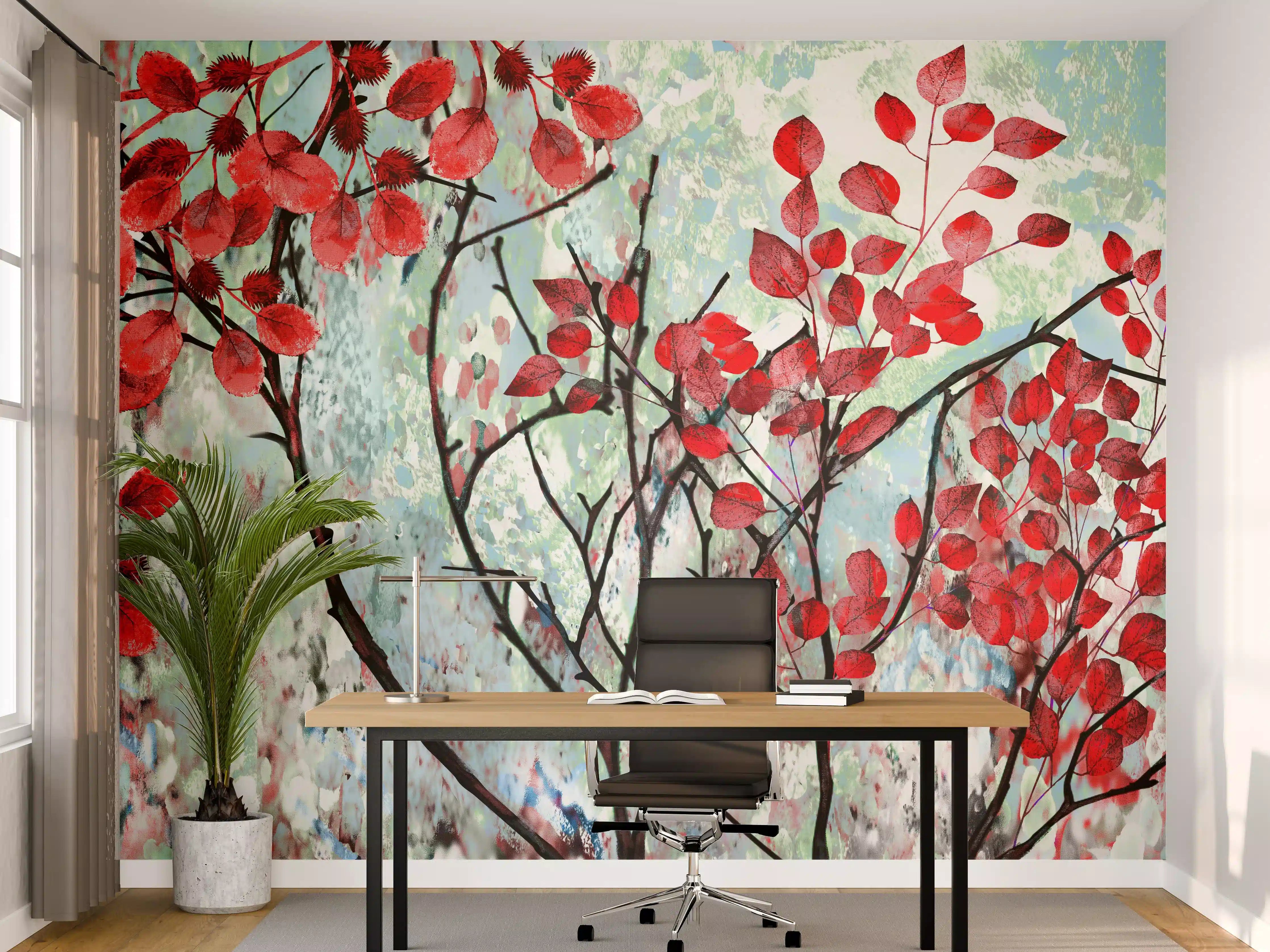 Büro Wandgestaltung - Ölmalerei von roten Blättern im Frühling