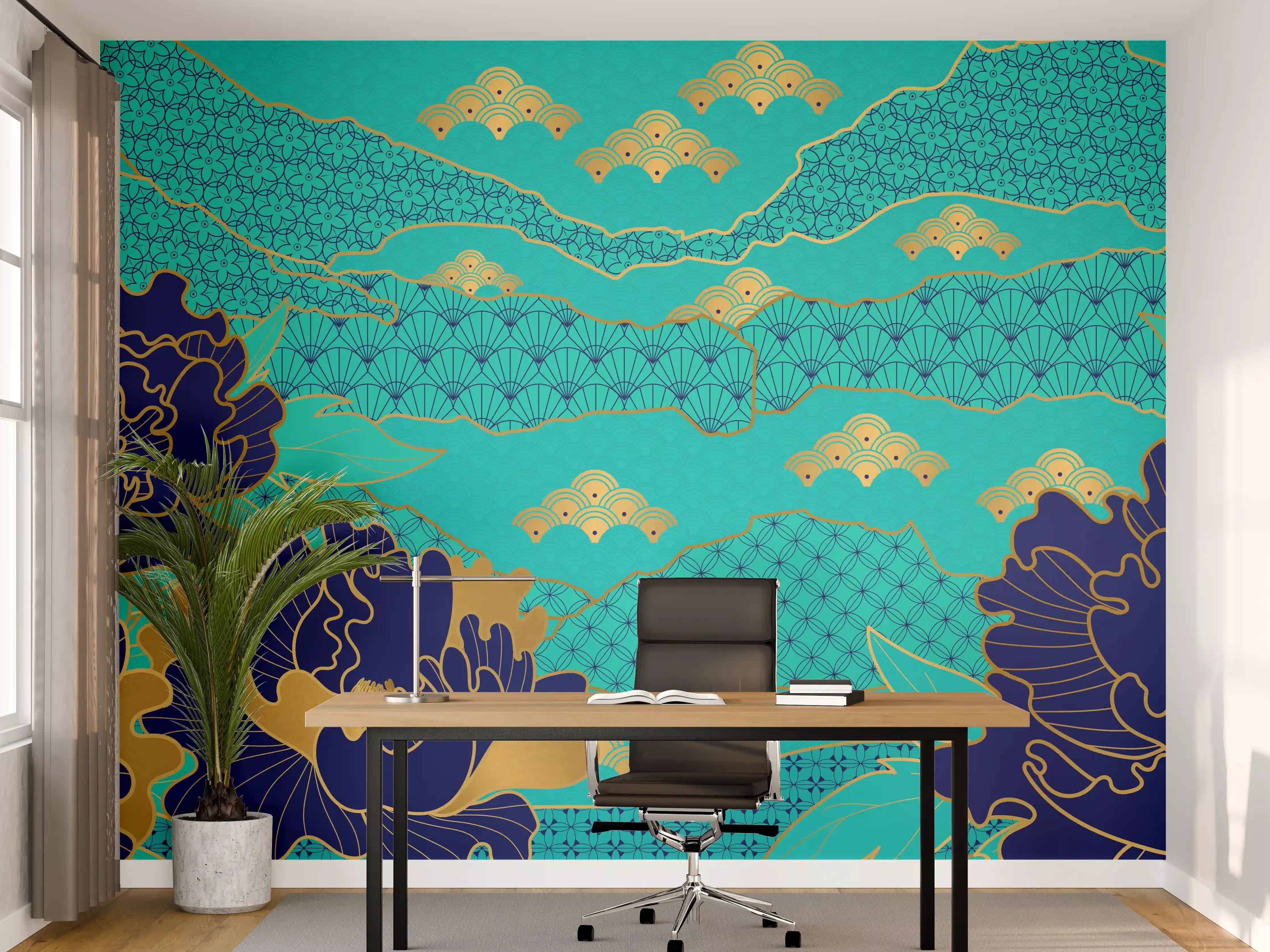 Büro Wandgestaltung - Orientalisch-Blauer Blumen-Digitaldruck