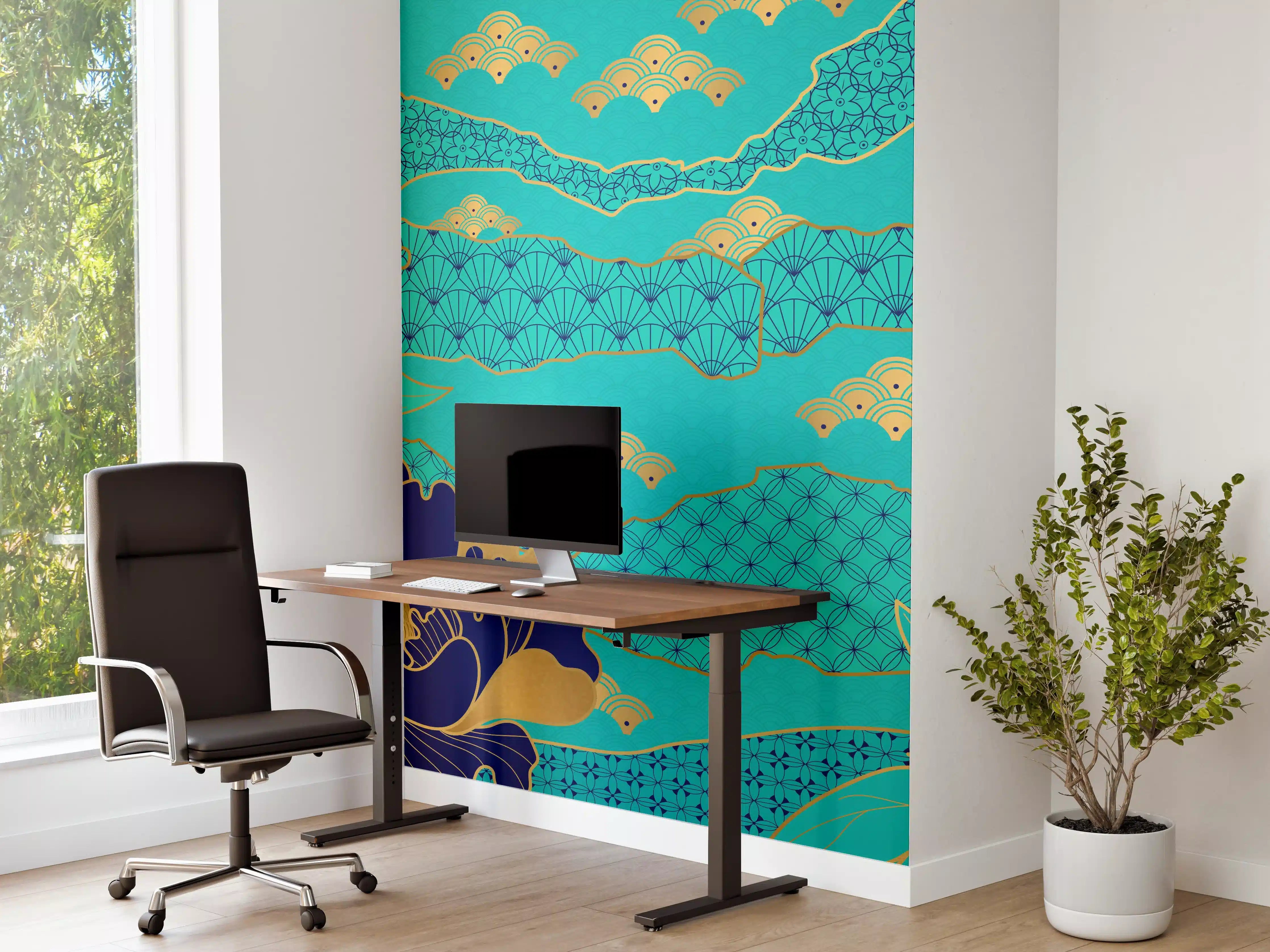Büro Wandgestaltung - Orientalisch-Blauer Blumen-Digitaldruck