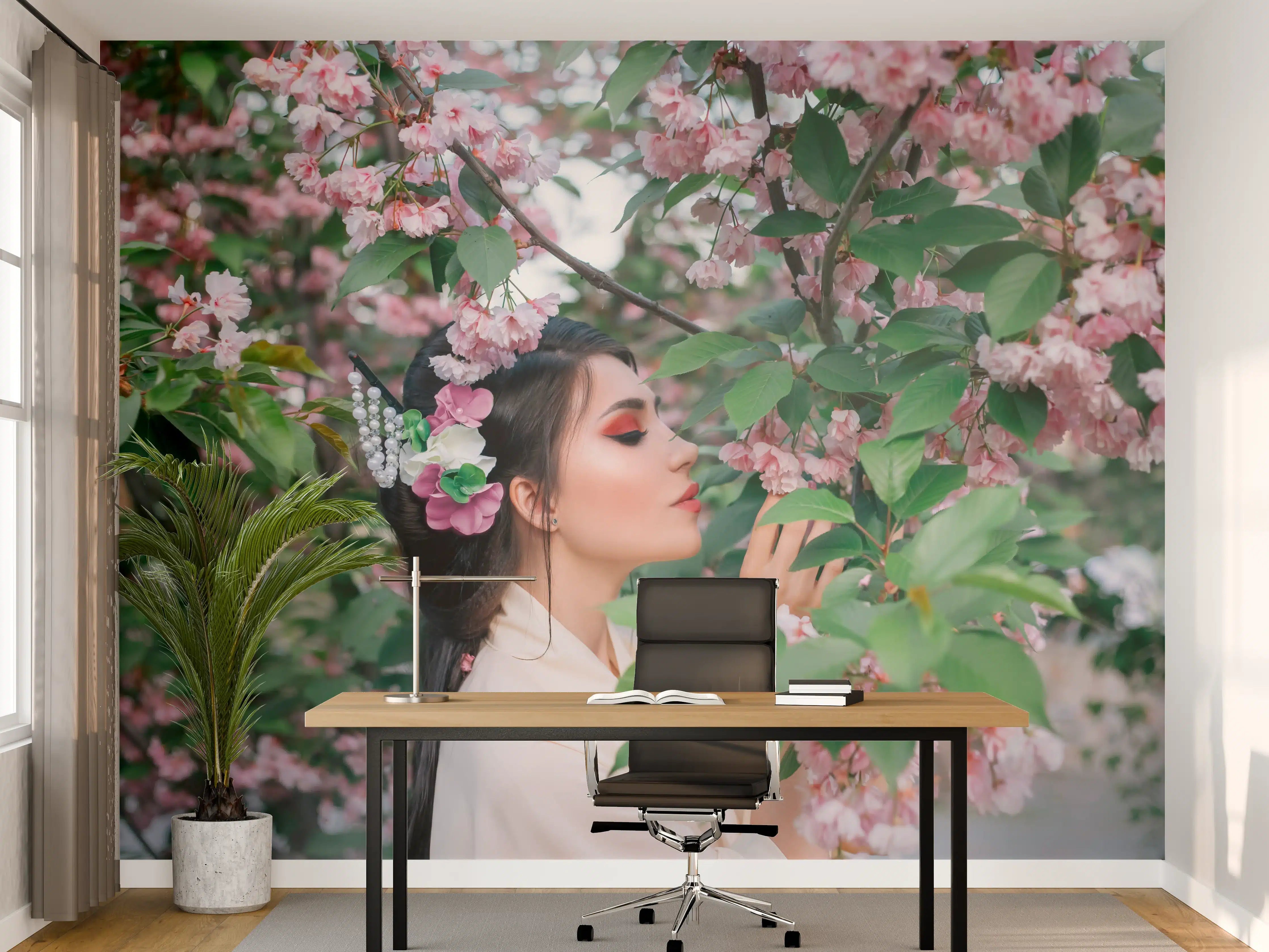 Büro Wandgestaltung - Orientalische Frau in Sakura-Blüten