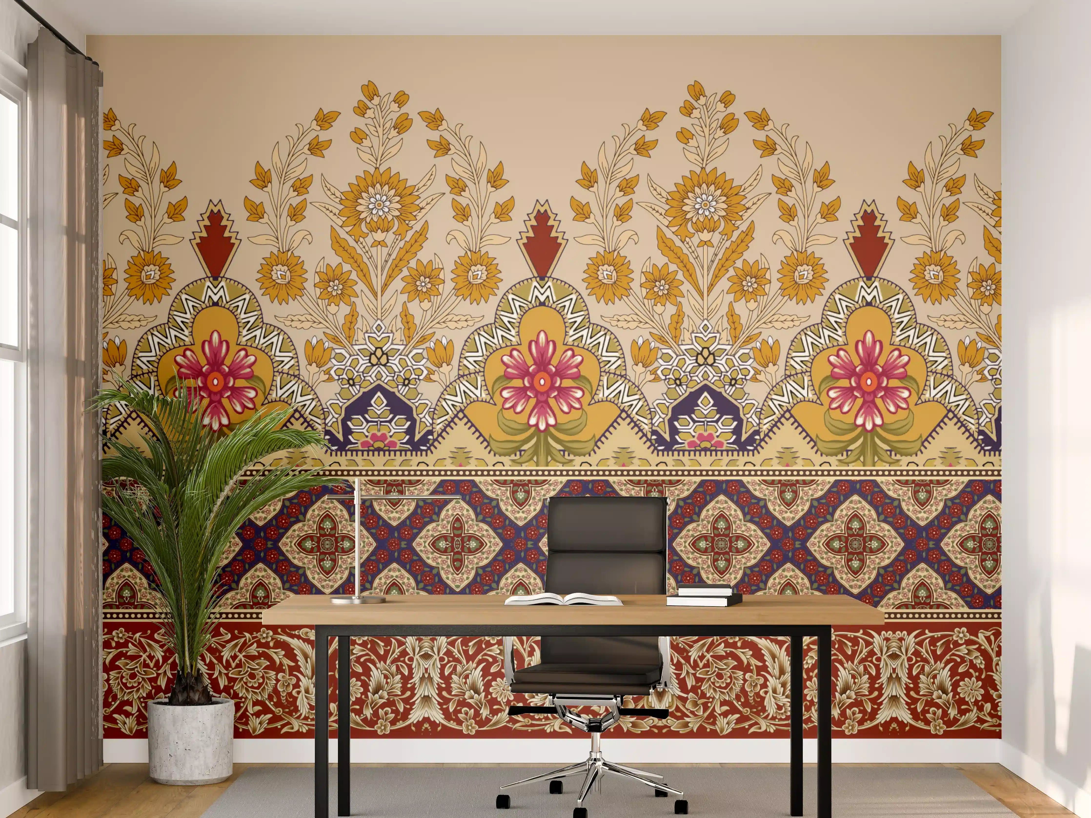 Büro Wandgestaltung - Ornamentale Muster in Gold und Rot
