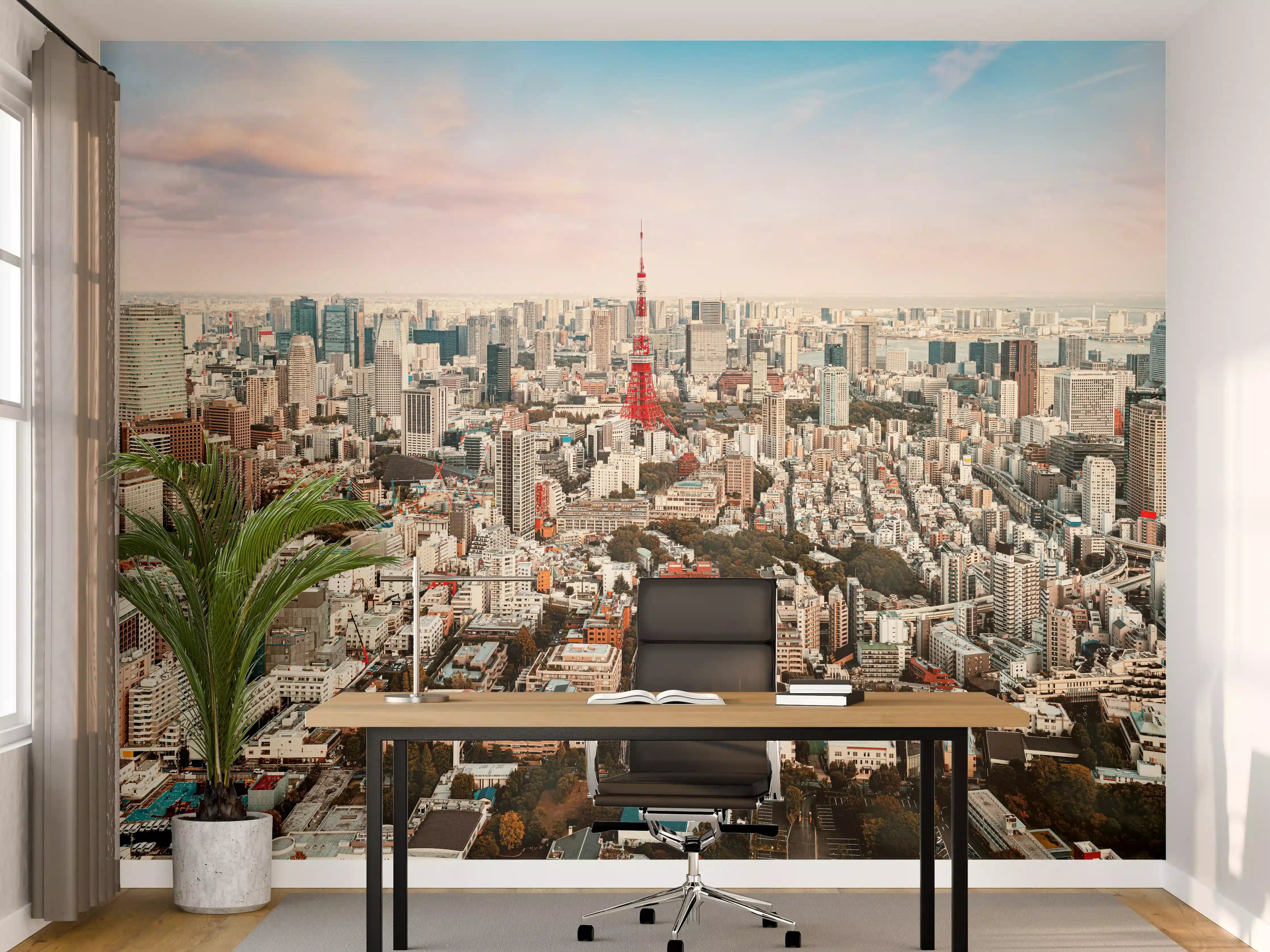Büro Wandgestaltung - Panorama einer Großstadt bei Sonnenuntergang mit markanter Turmspitze
