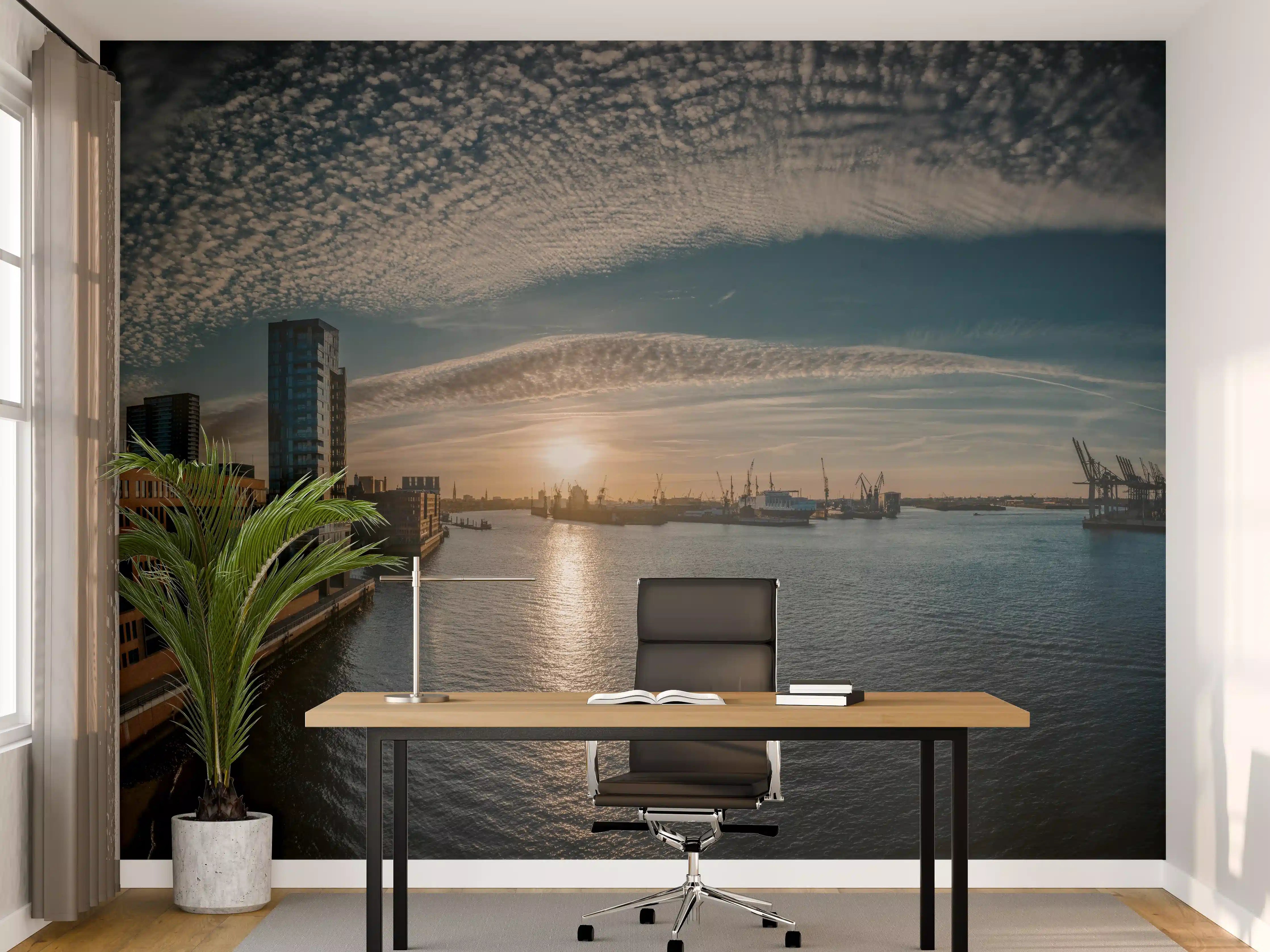 Büro Wandgestaltung - Panoramablick Hamburg bei Sonnenuntergang