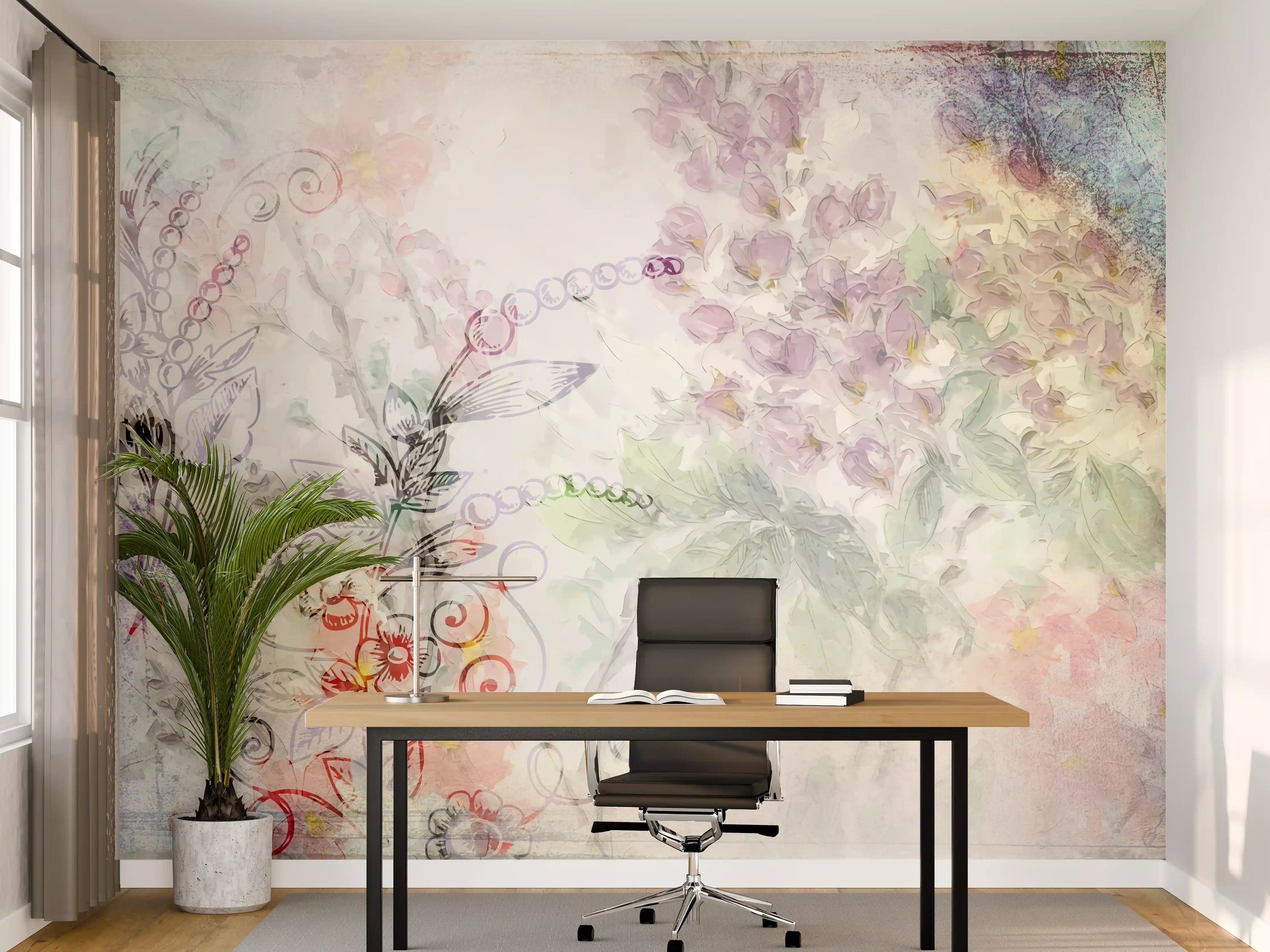 Büro Wandgestaltung - Pastellfarbene Blumenillustration