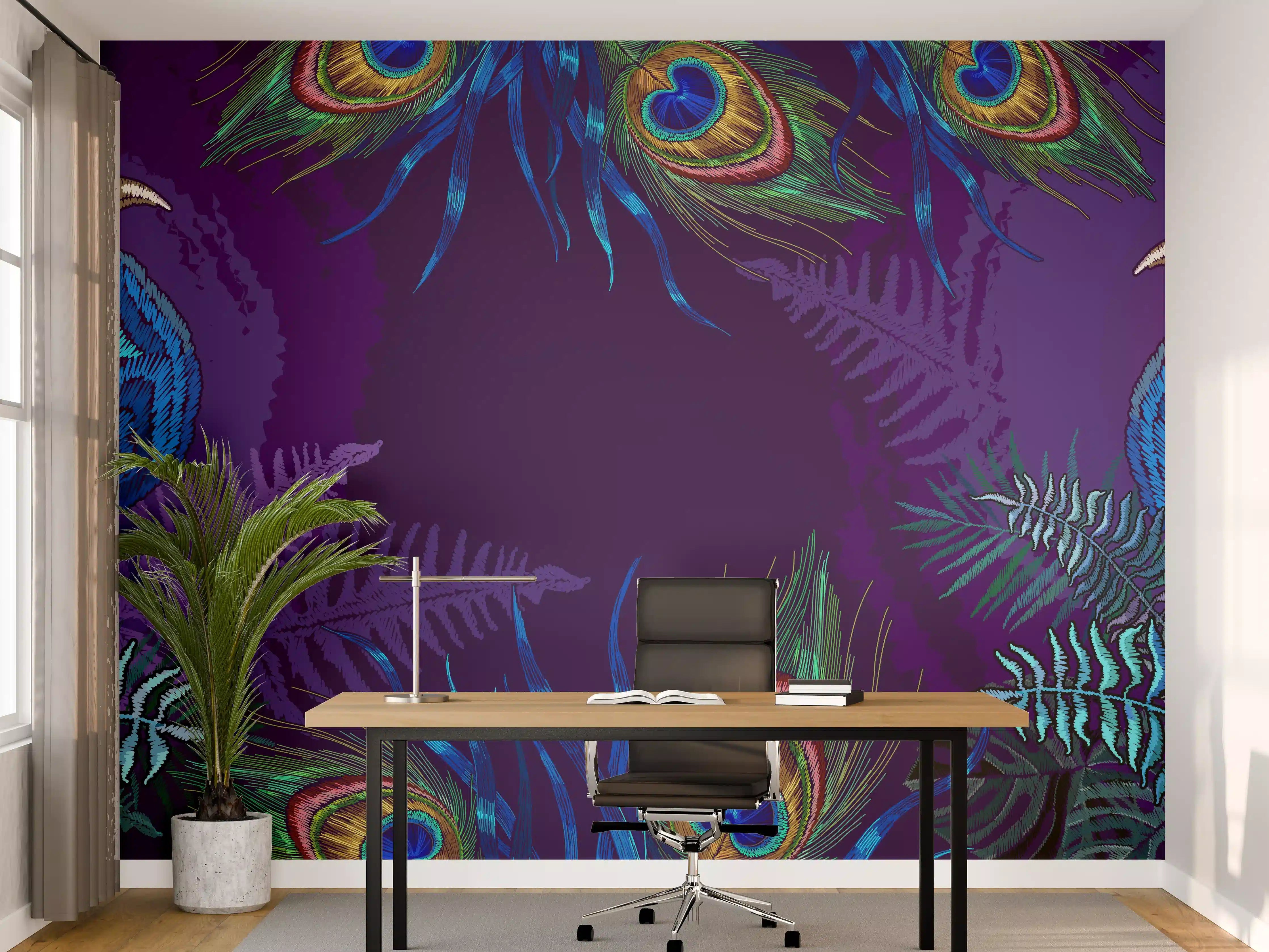 Büro Wandgestaltung - Pfauen Stickkunst Palmenblätter