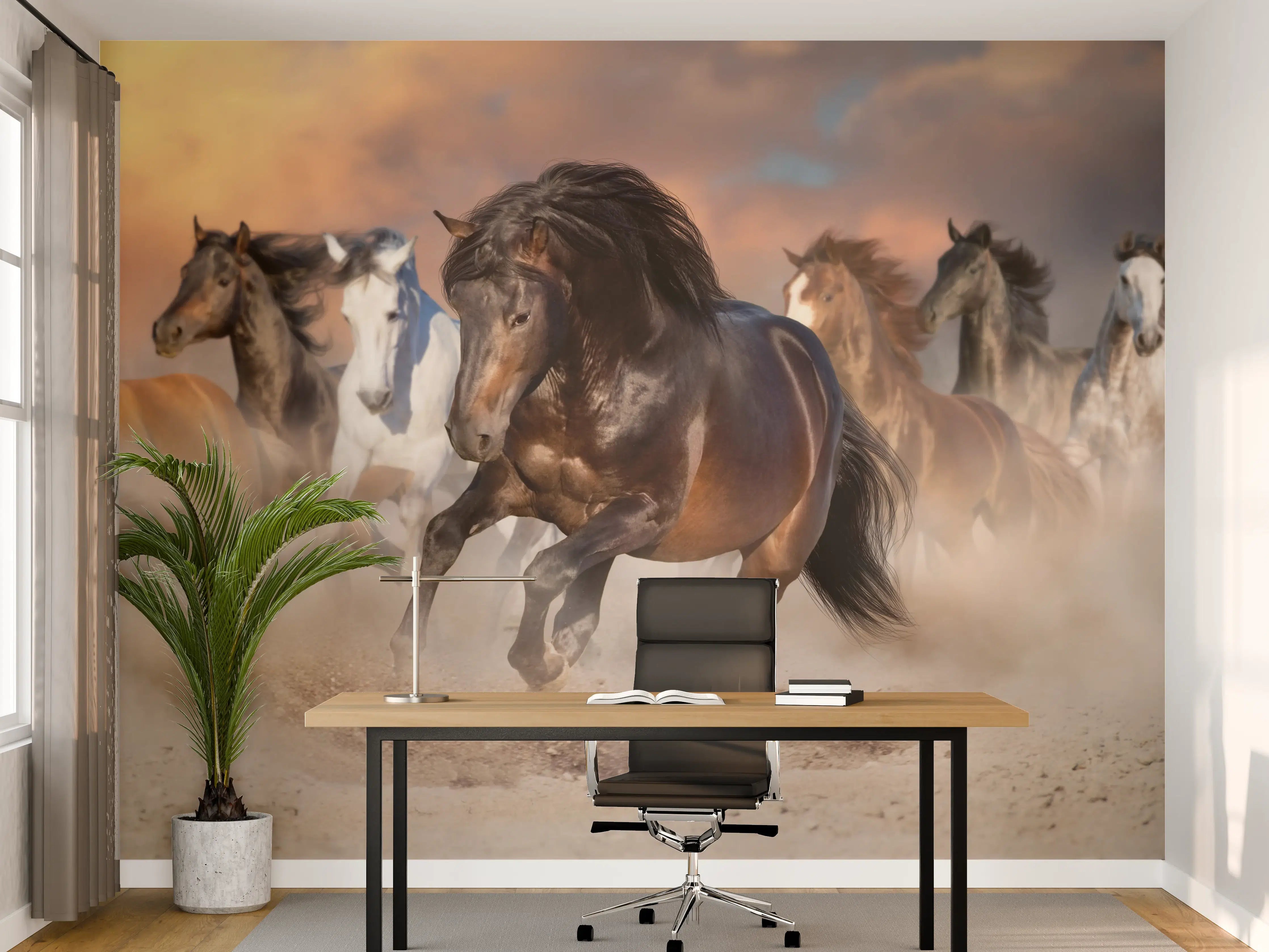 Büro Wandgestaltung - Pferdeherde galoppierend im Wüstenstaub
