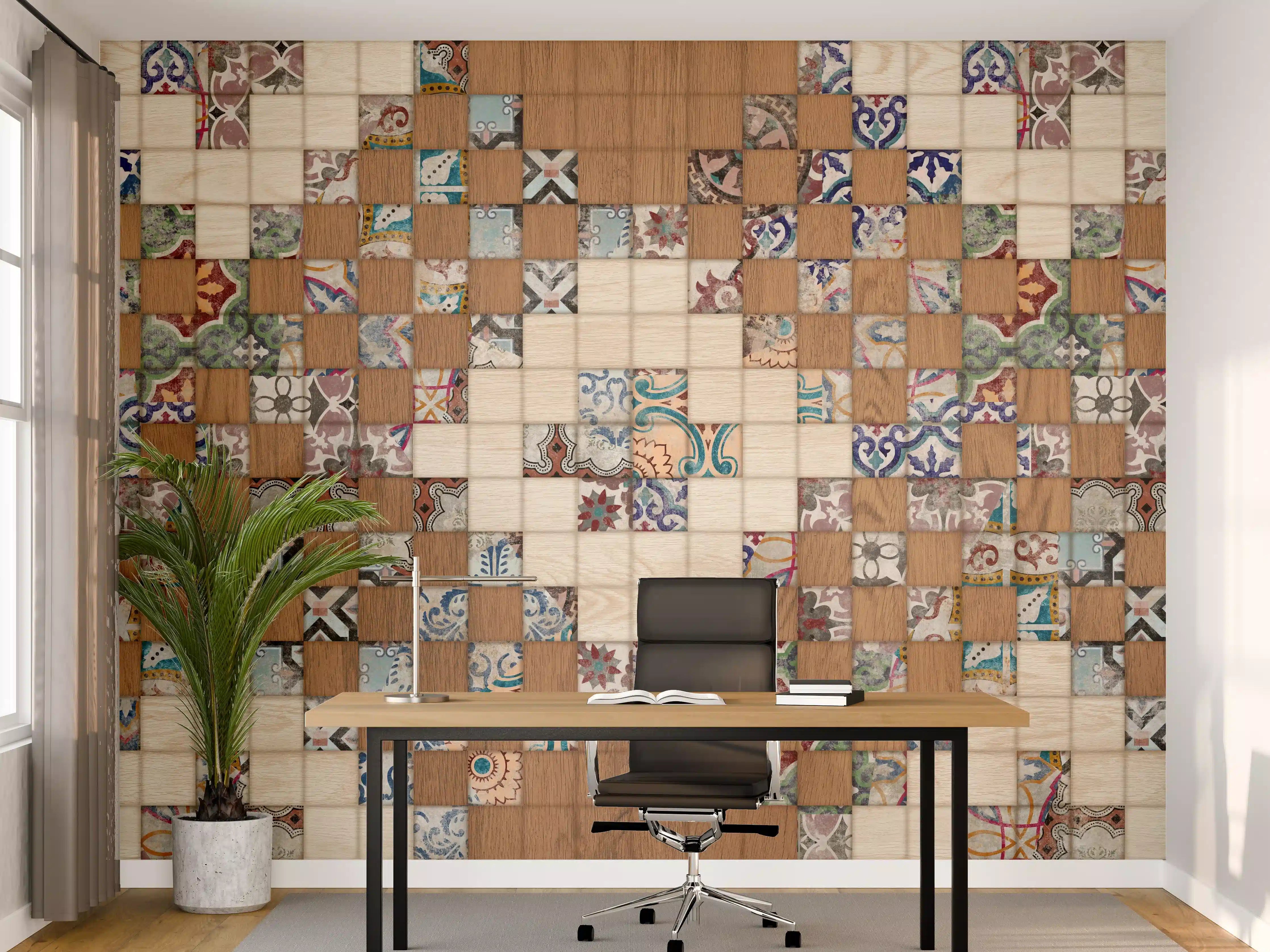 Büro Wandgestaltung - Retro Mosaik Holztextur