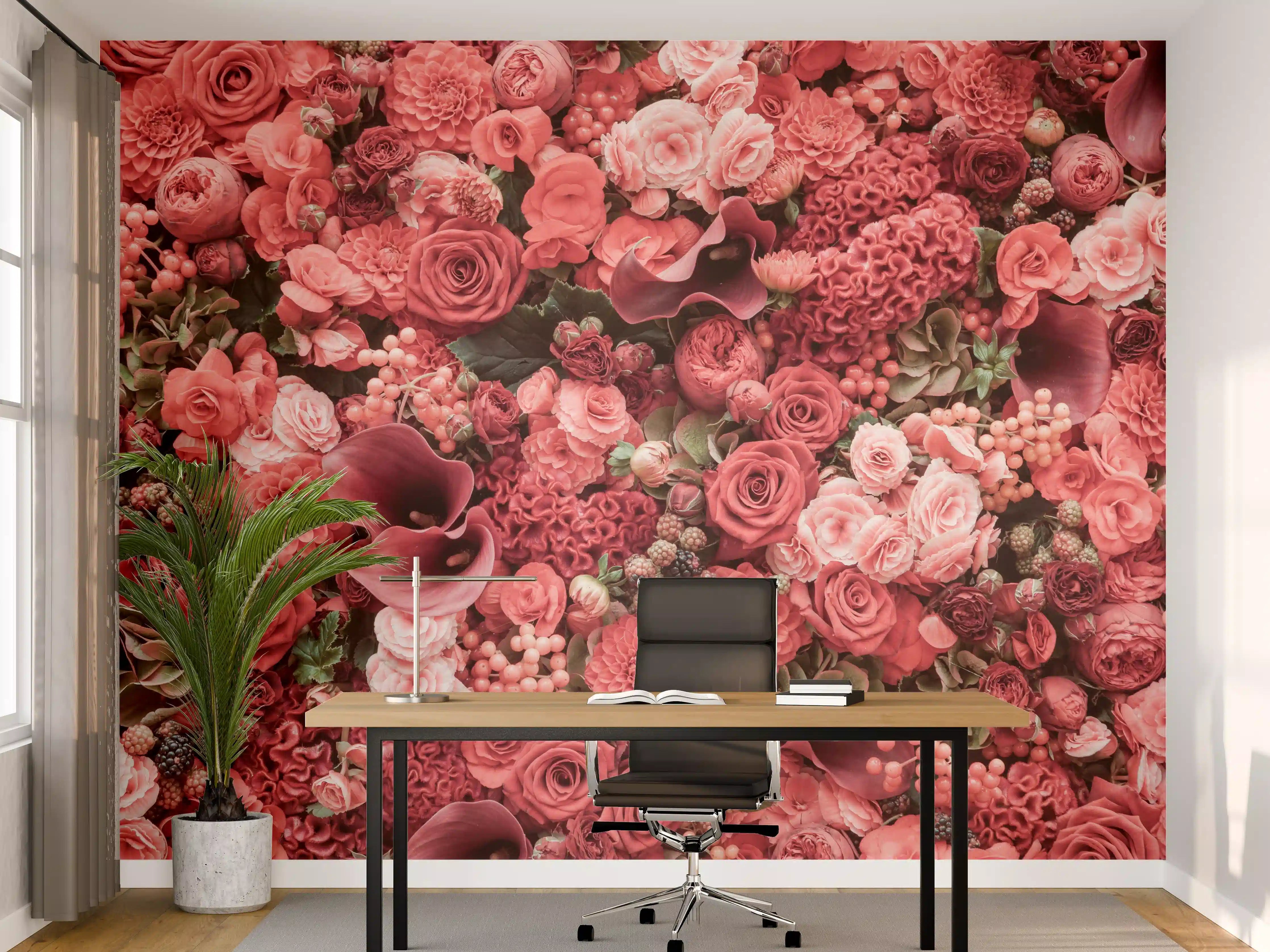 Büro Wandgestaltung - Romantische Blumenpracht in Rot- und Rosatönen