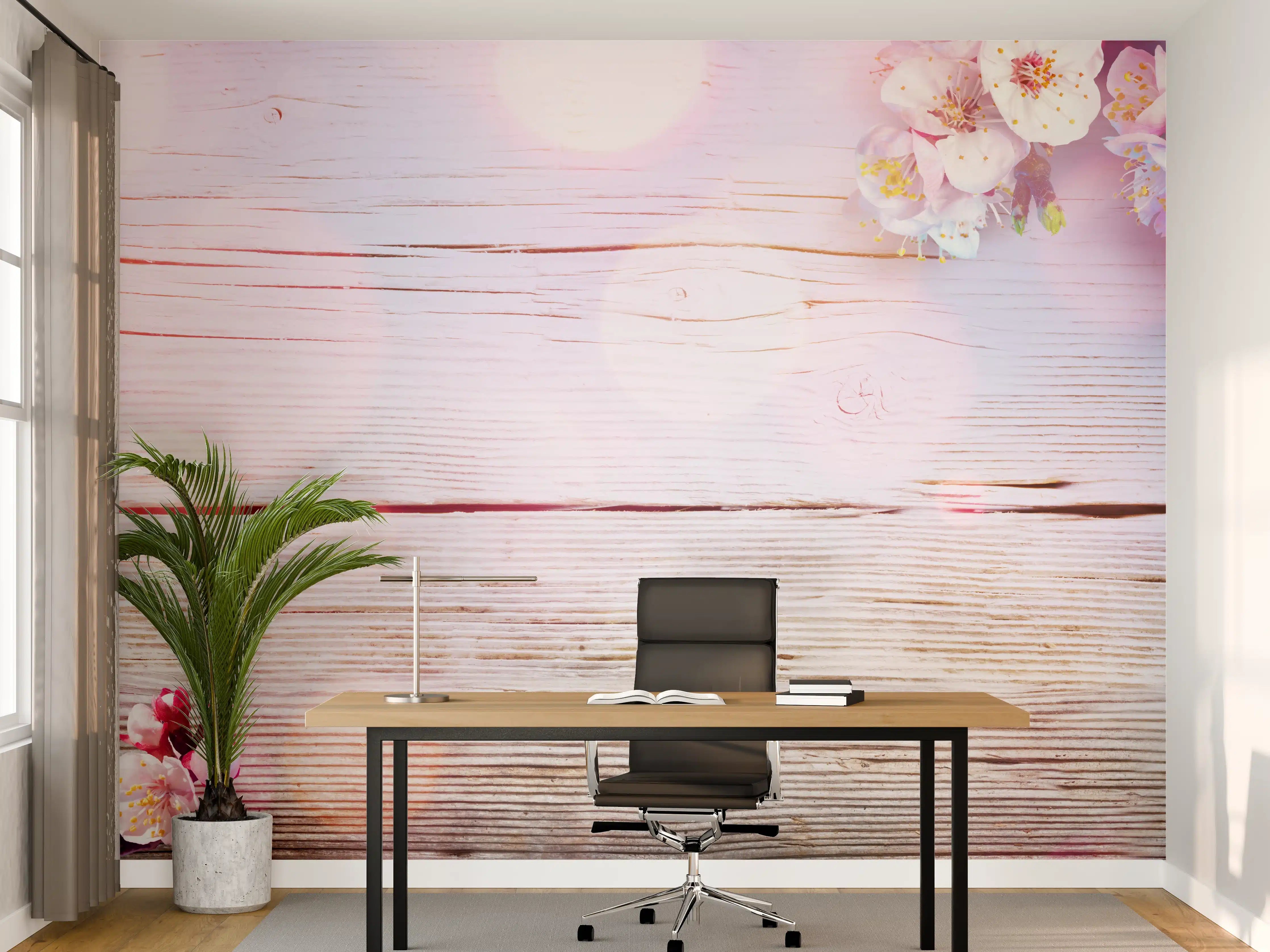 Büro Wandgestaltung - Rosa Blüten auf Holzplatte