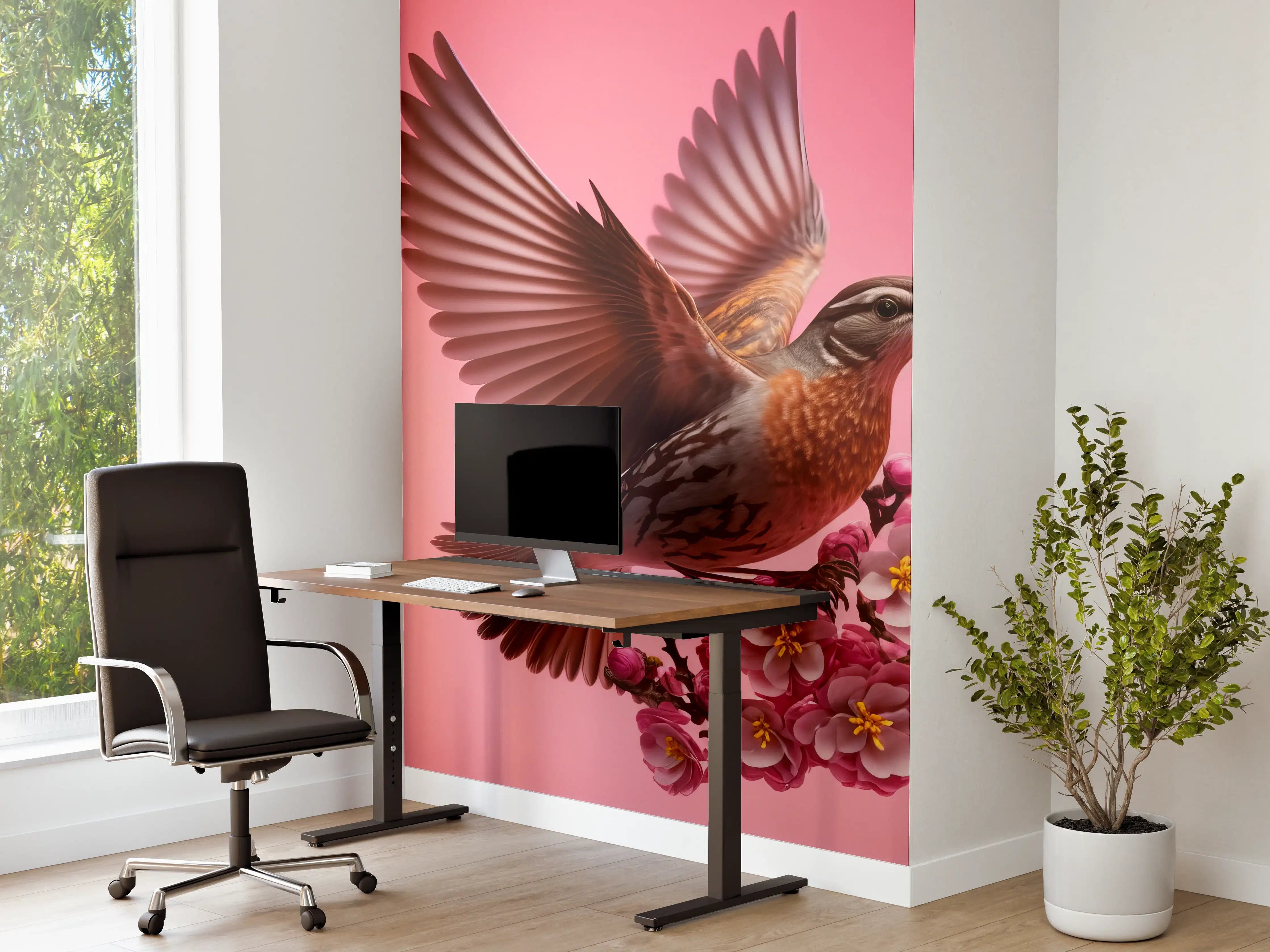 Büro Wandgestaltung - Rosa Kirschblüten Vogelflug