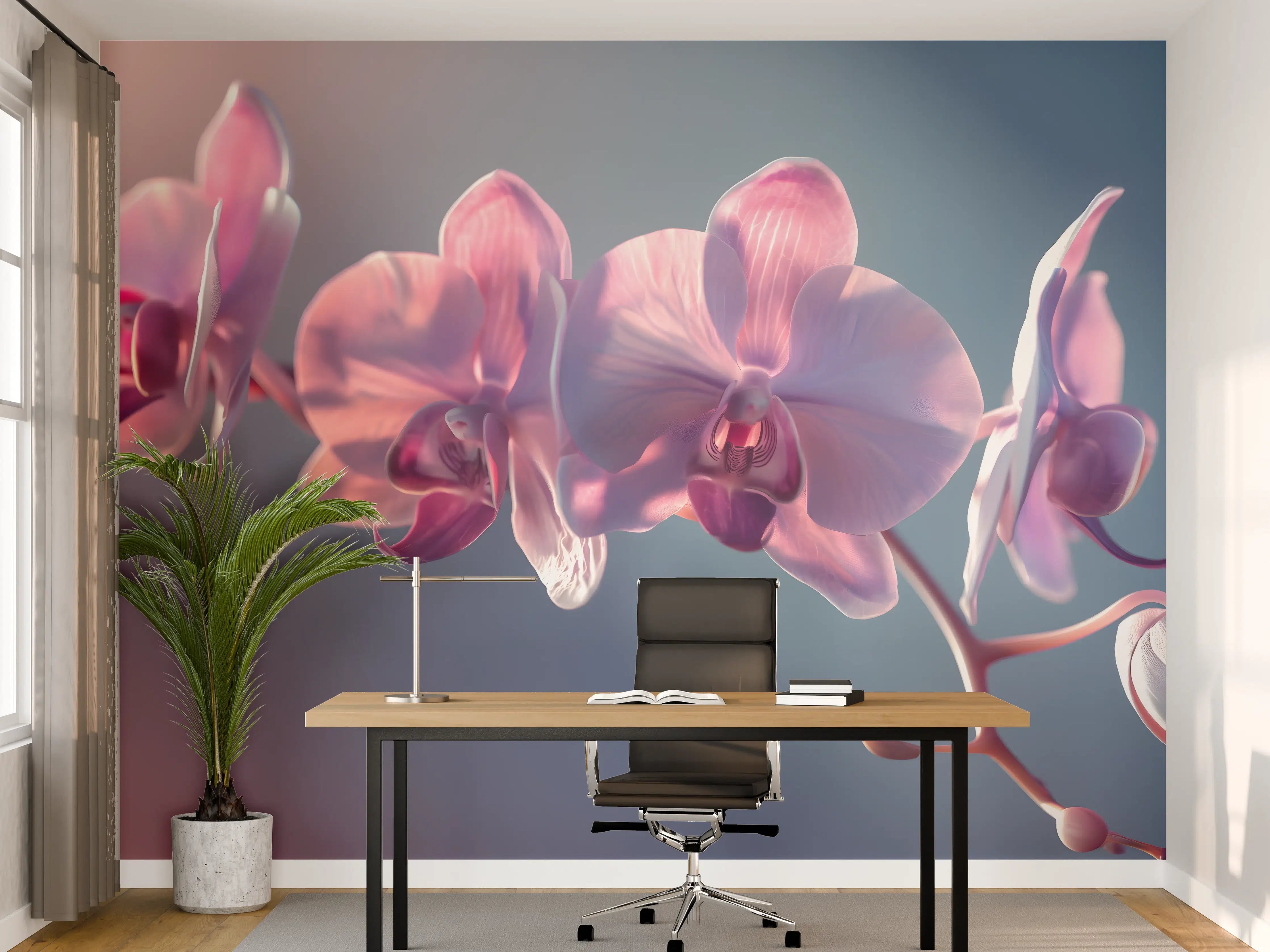 Büro Wandgestaltung - Rosa Orchideen auf Blau