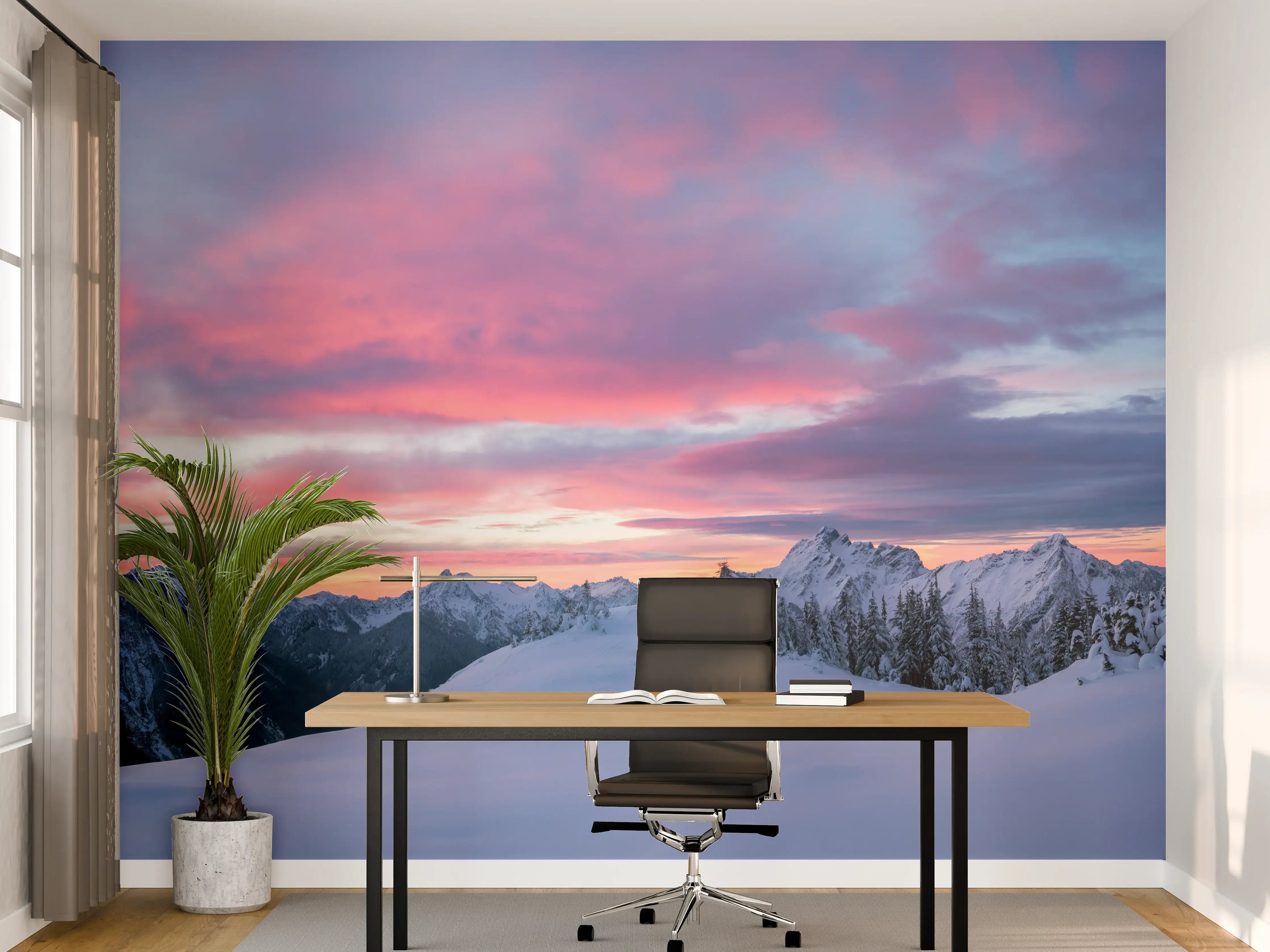 Büro Wandgestaltung - Rosa Sonnenuntergang Bergpanorama