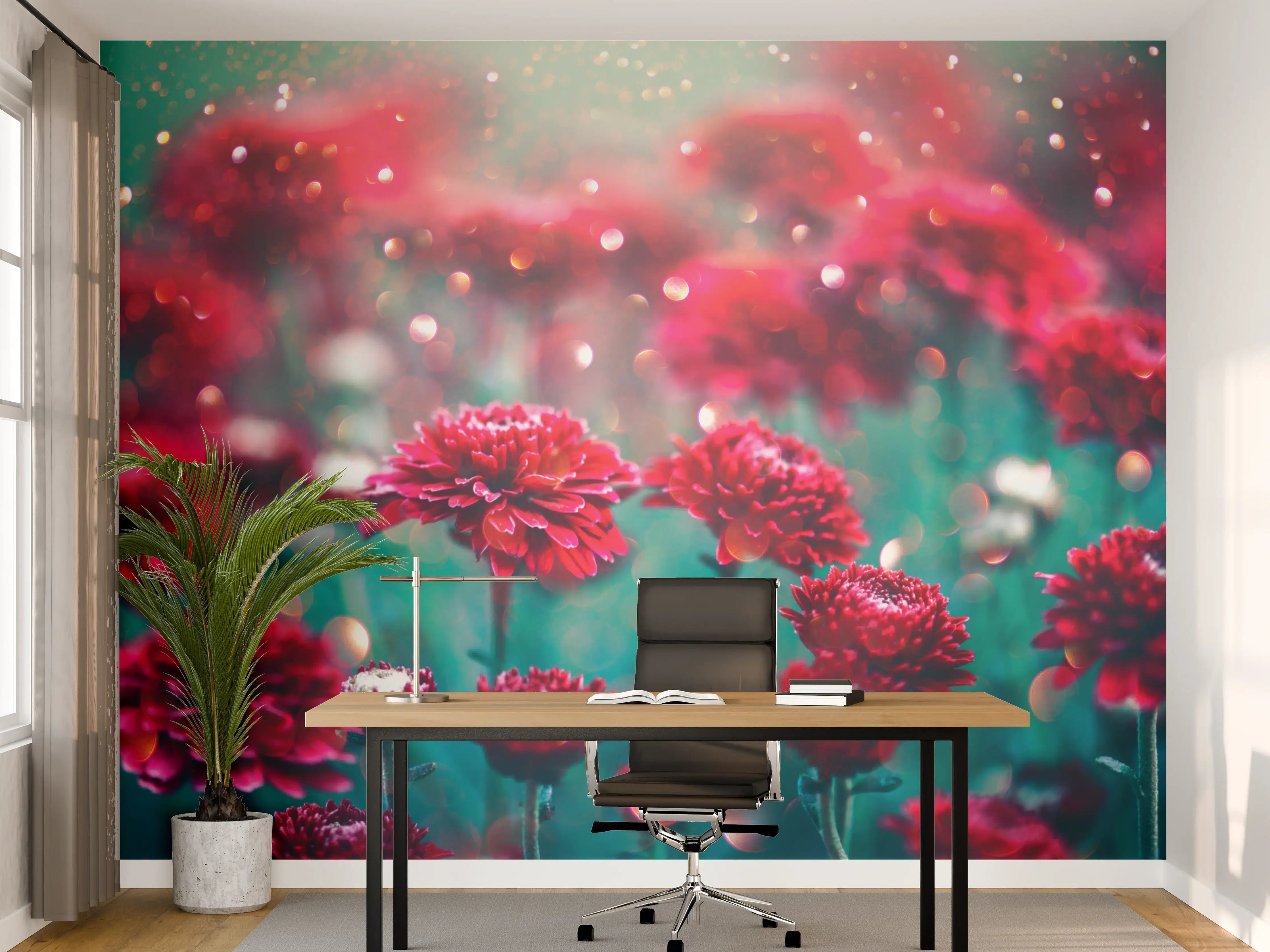 Büro Wandgestaltung - Rote Blumen funkeln im Garten