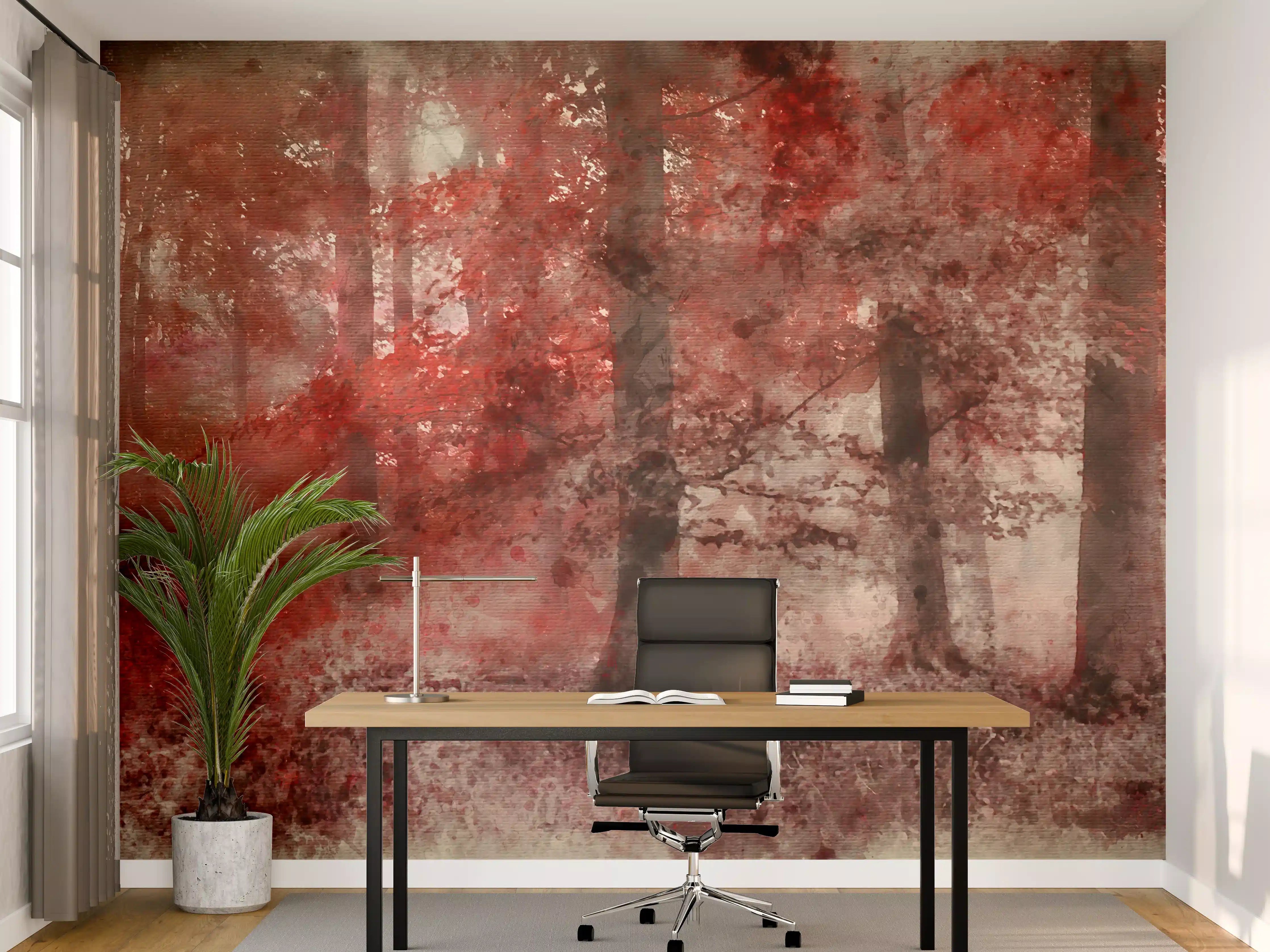 Büro Wandgestaltung - Rote Herbstblätter im Wald