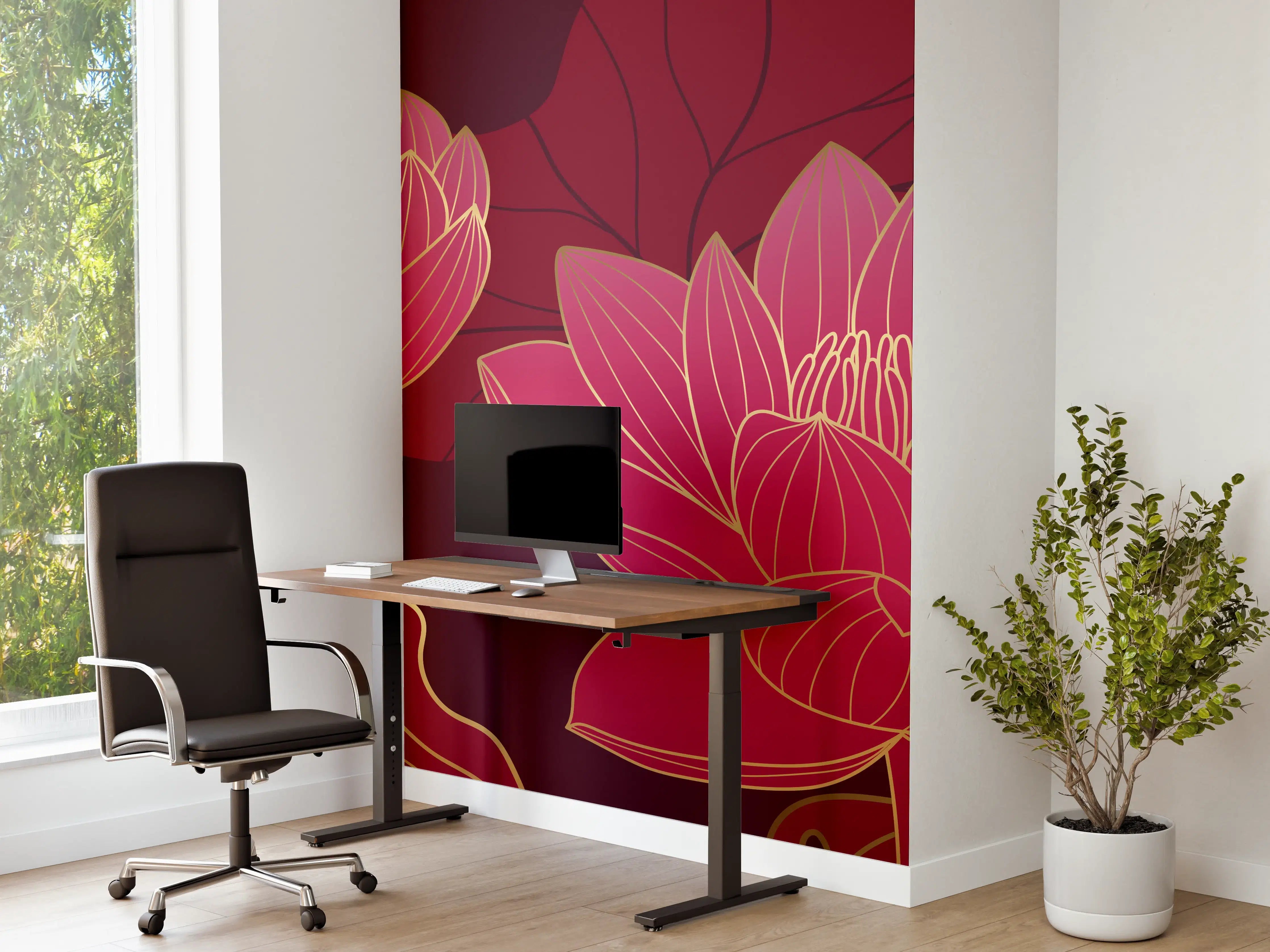 Büro Wandgestaltung - Rote Lotusblüten Lineart Design