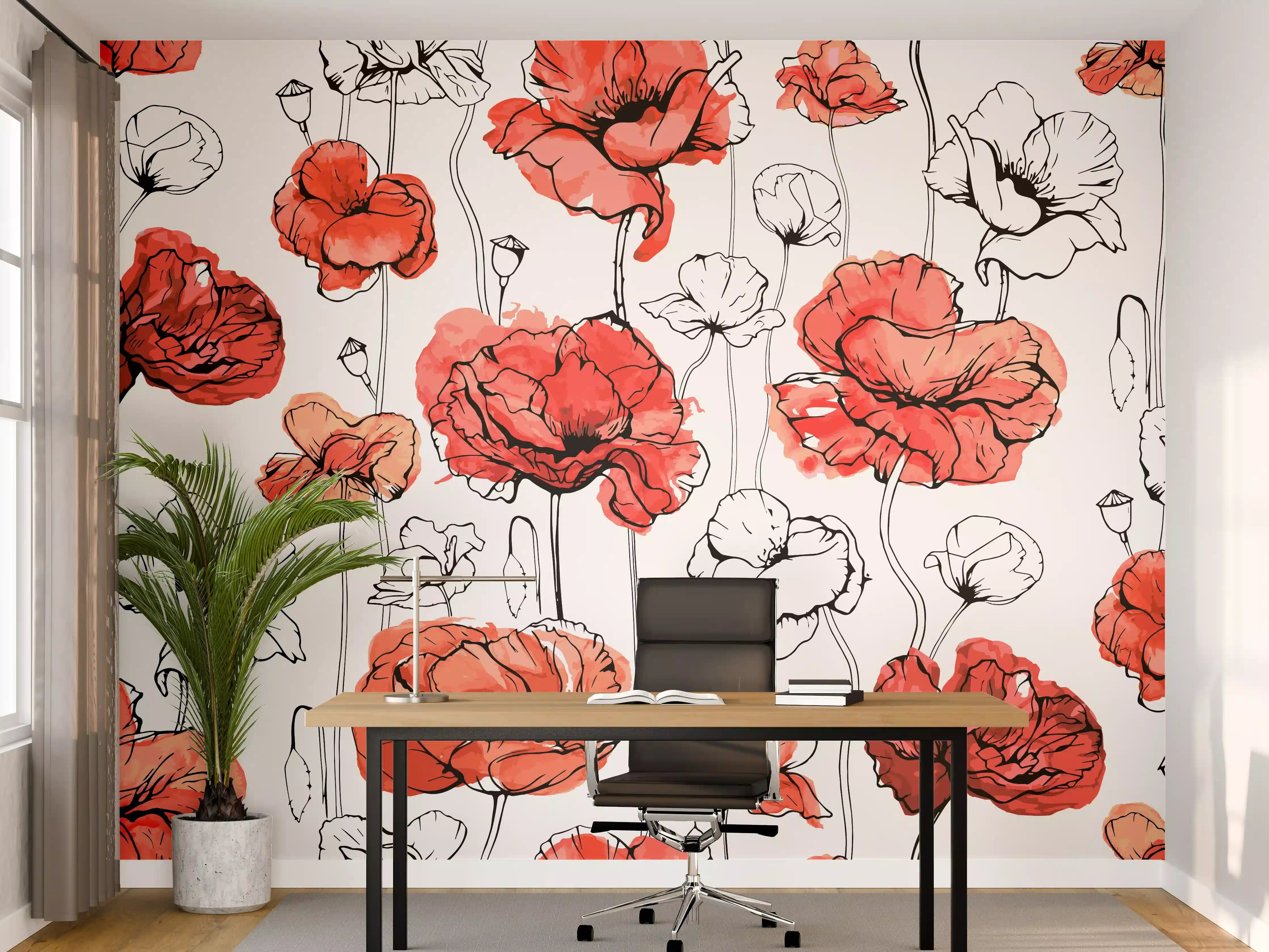 Büro Wandgestaltung - Rote Mohnblumen Lineart Muster