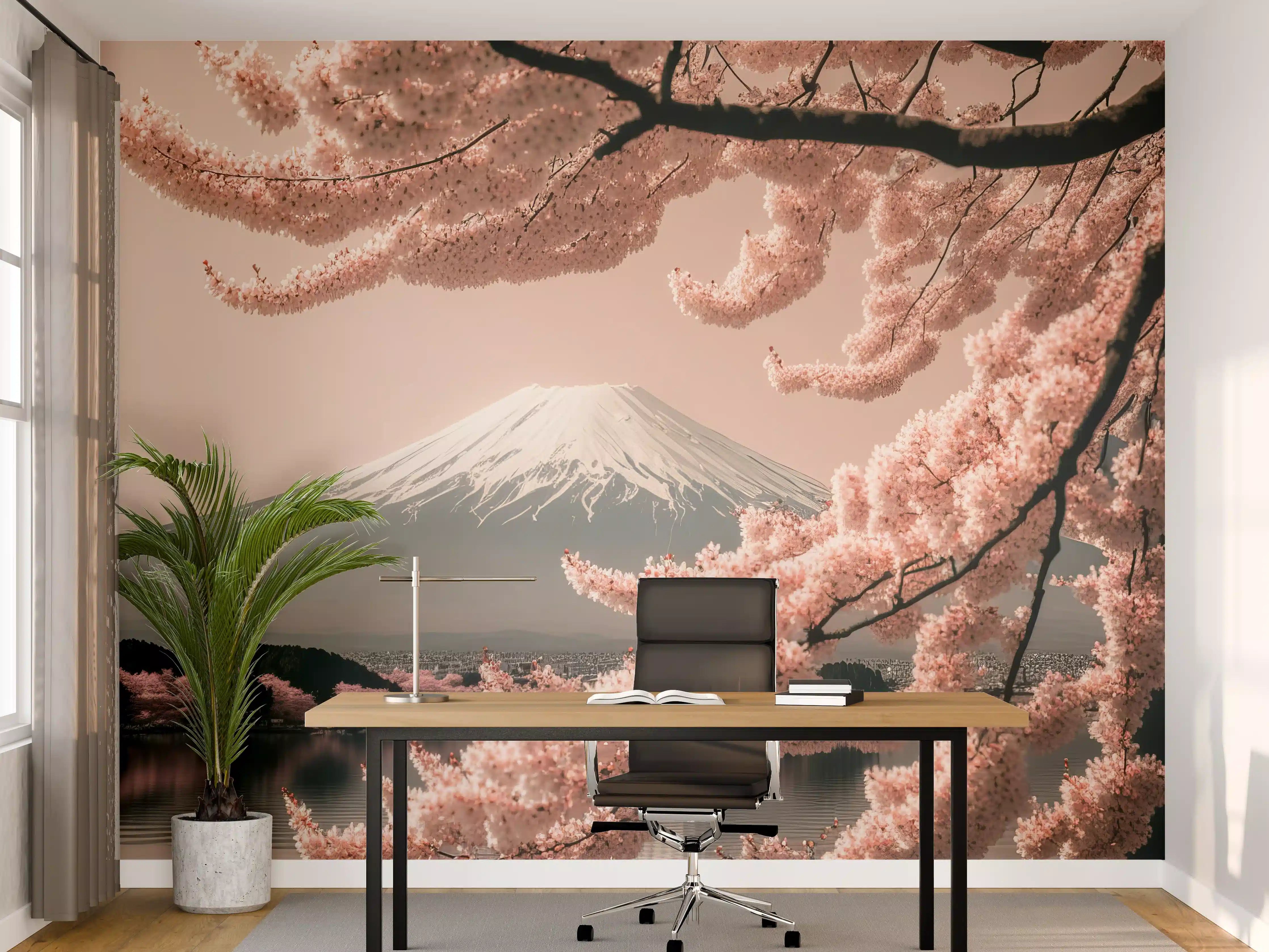 Büro Wandgestaltung - Sakura Baum mit Fuji Berg im Hintergrund