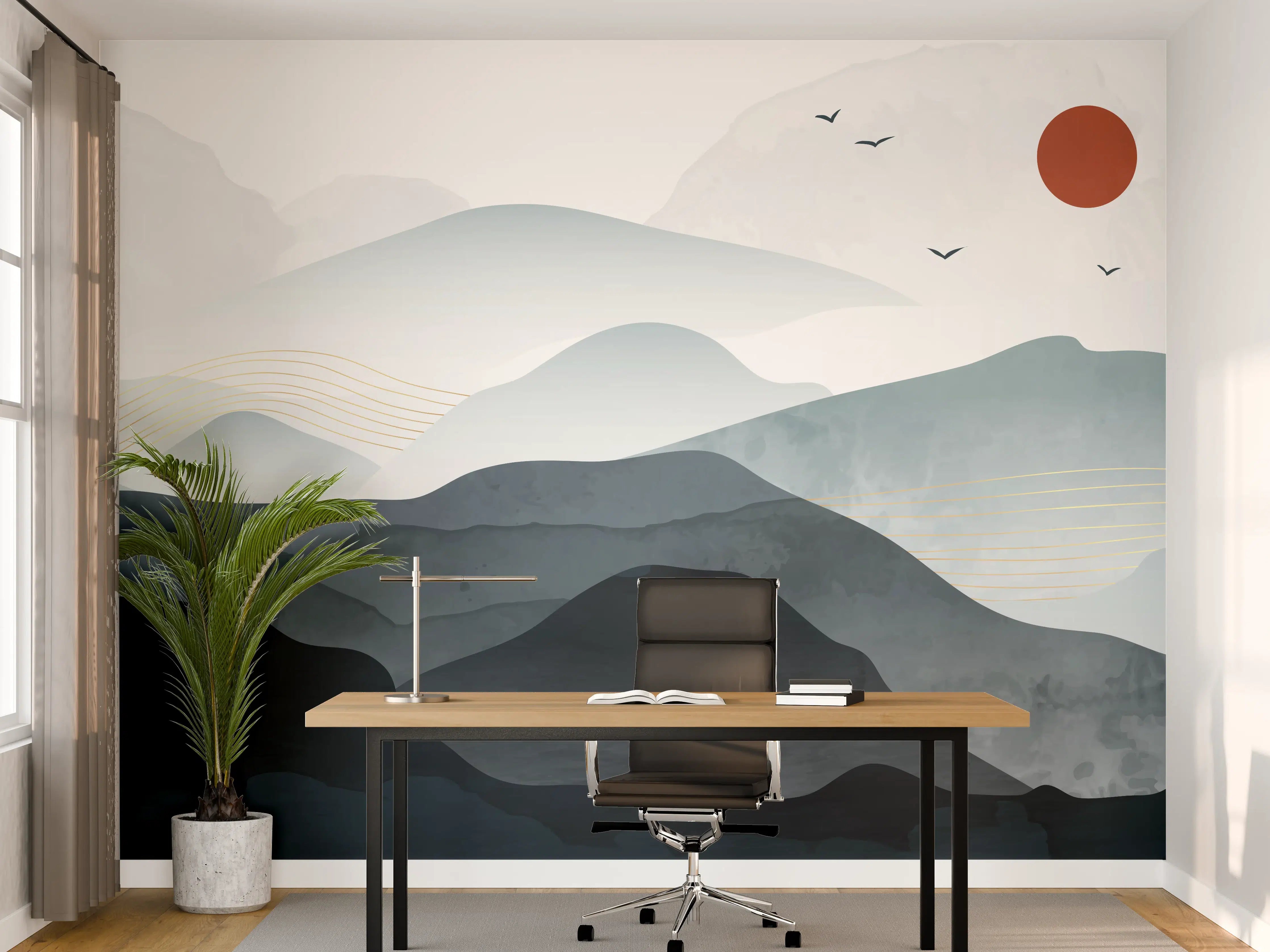 Büro Wandgestaltung - Sanfte Berglandschaft mit Sonnenuntergang