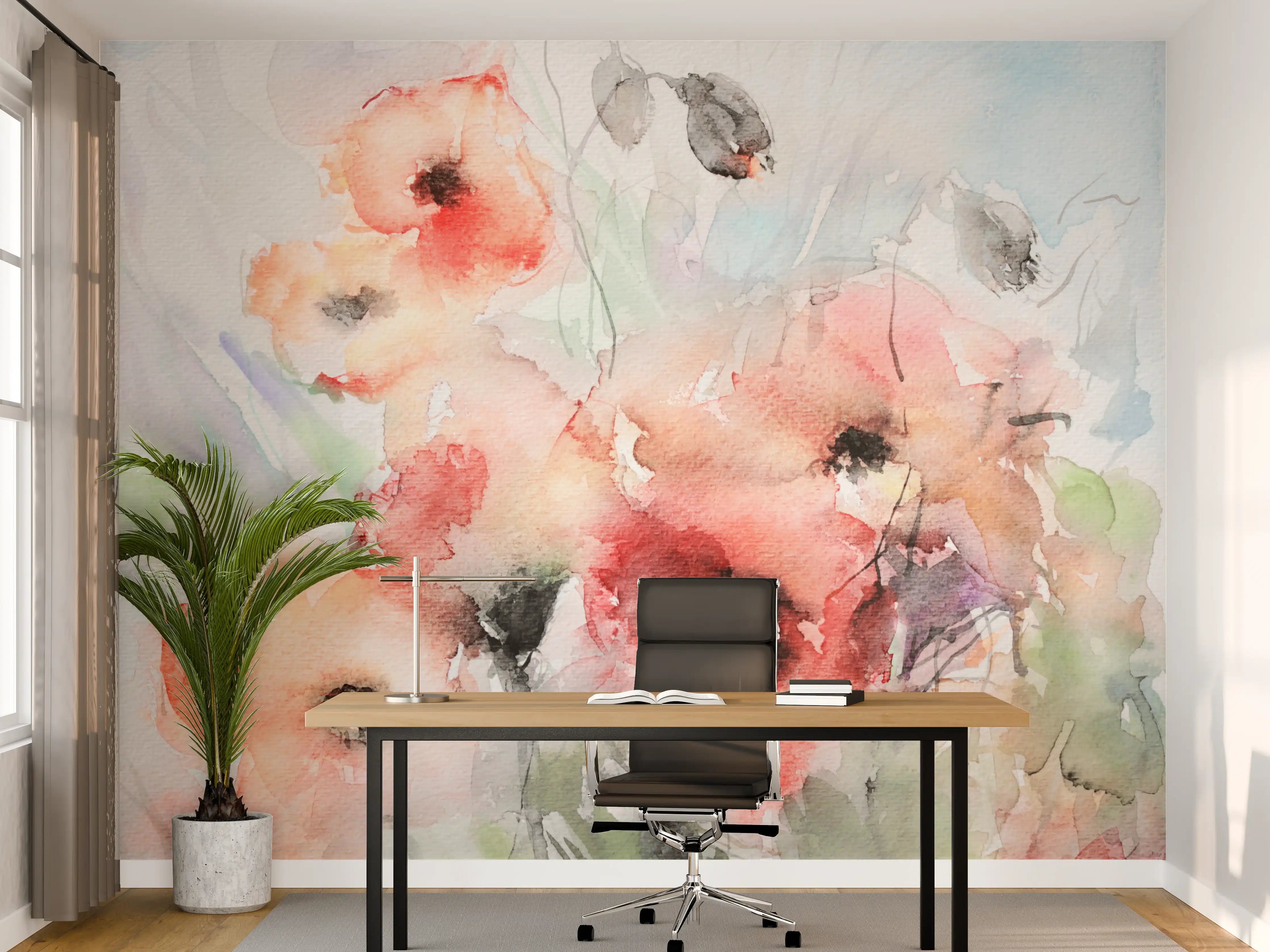 Büro Wandgestaltung - Sanfte Graupastellblumen