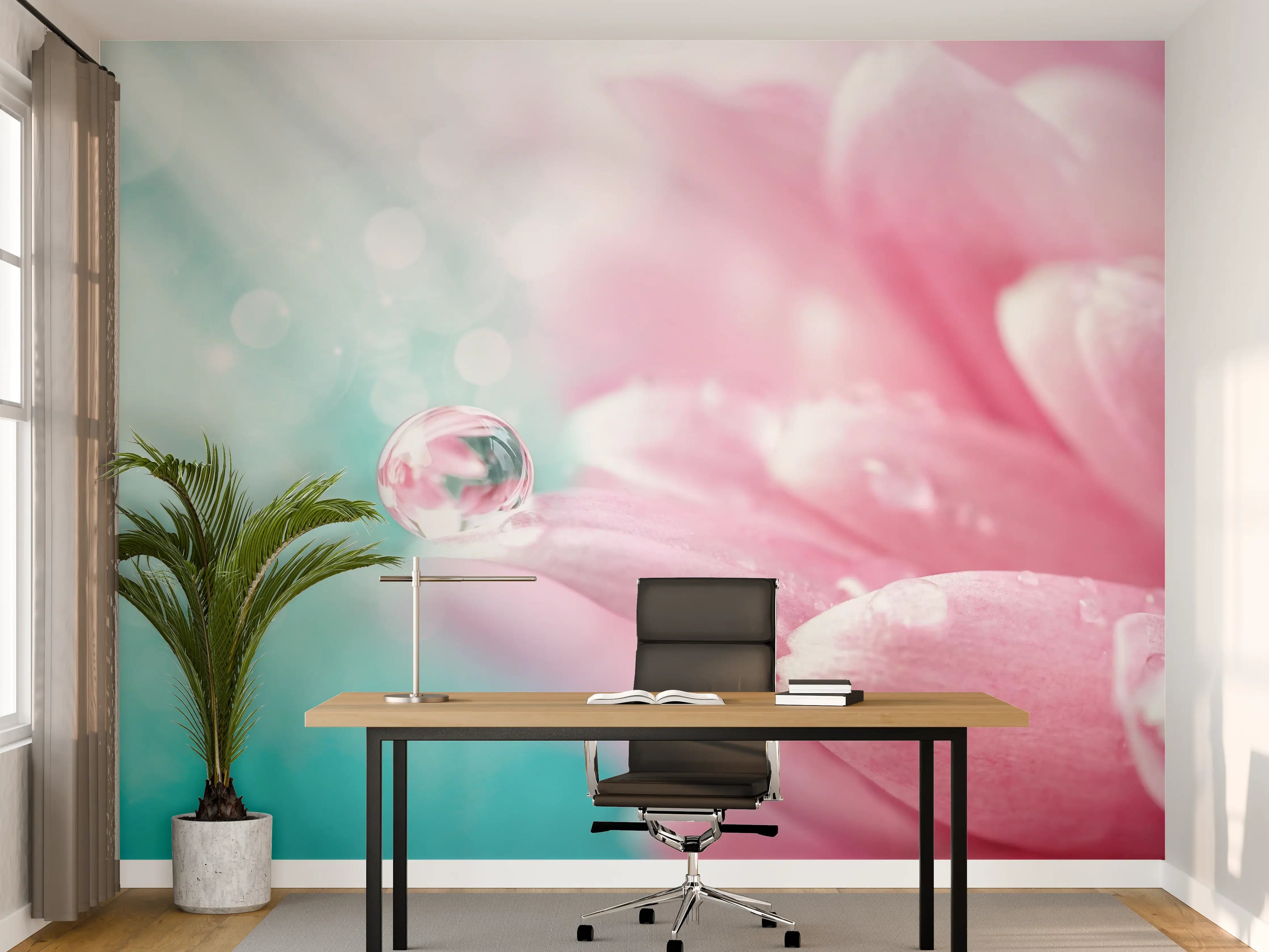 Büro Wandgestaltung - Sanfte Pinkblumen mit Wassertröpfchen