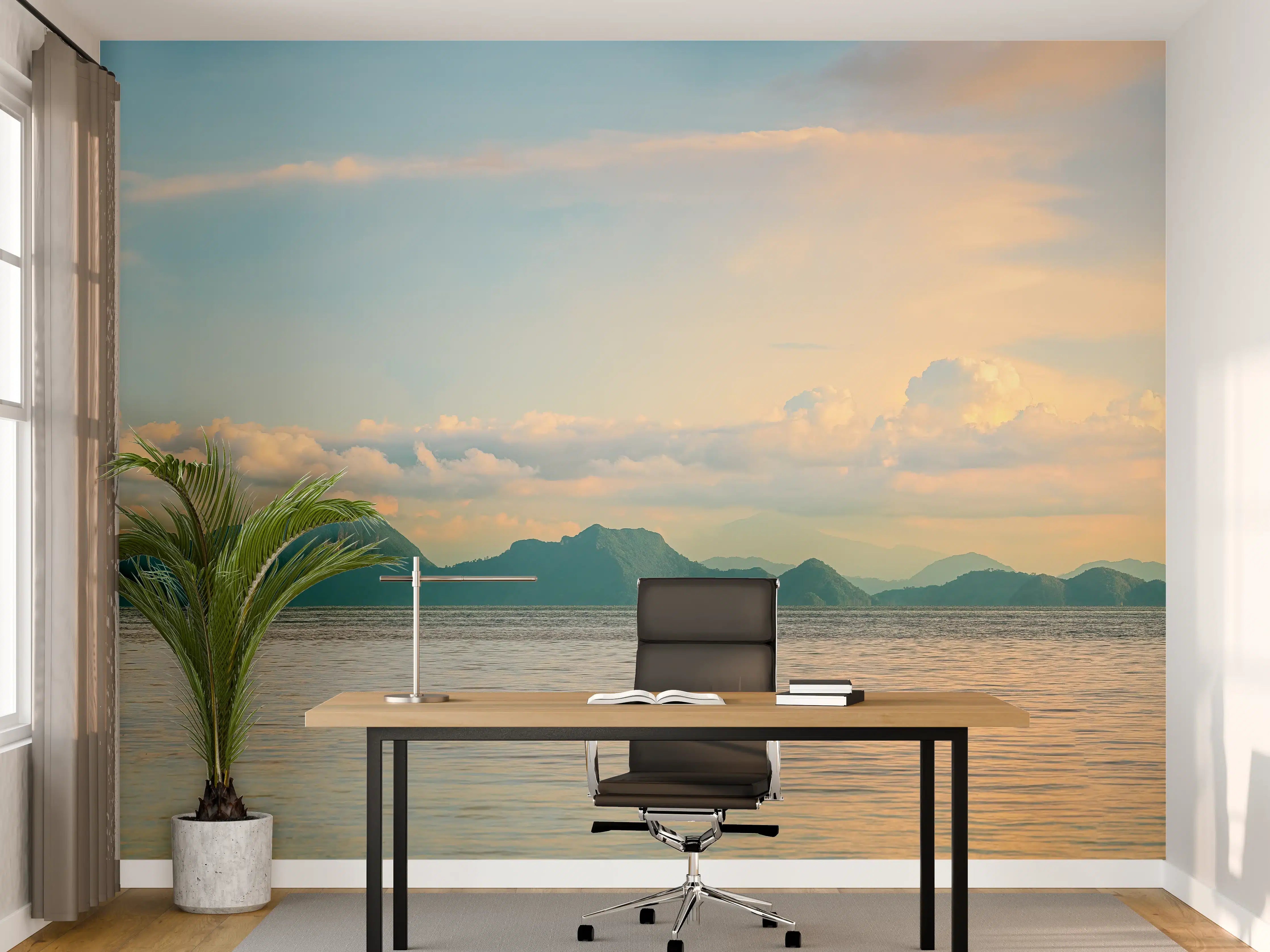 Büro Wandgestaltung - Sanfte Sonnenuntergangsfarben über dem ruhigen See