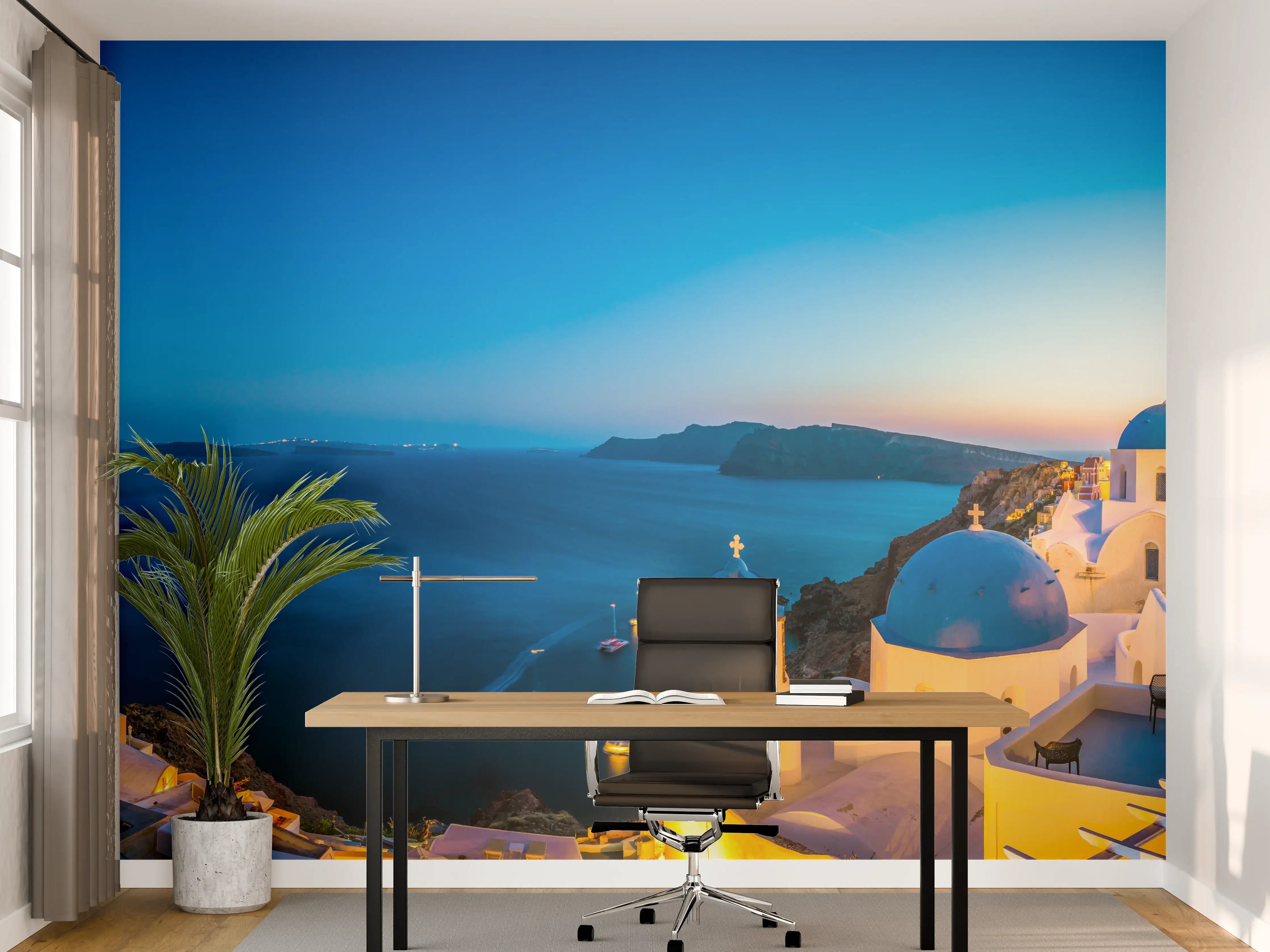 Büro Wandgestaltung - Santorini Blau-Weiß Panorama