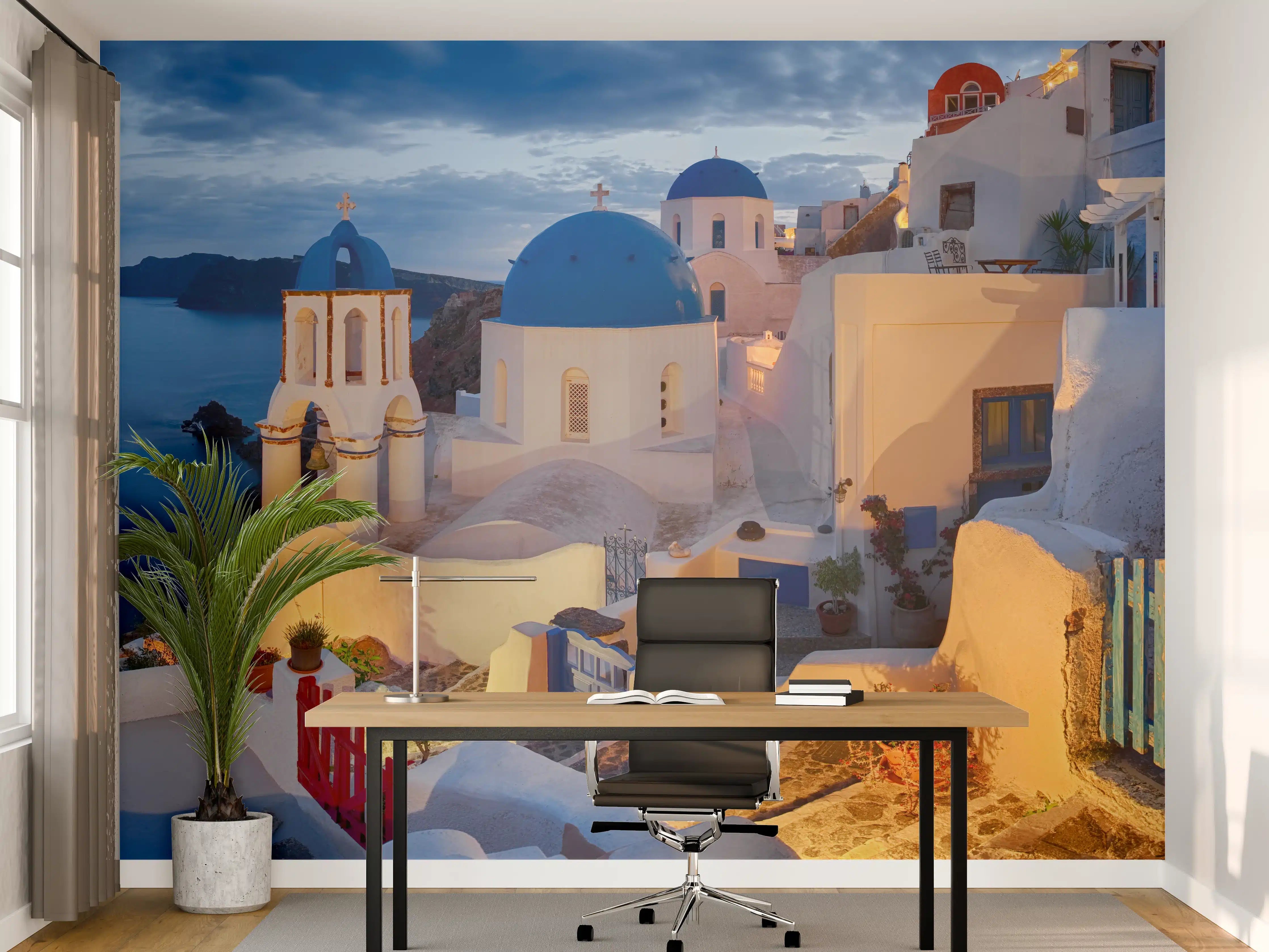 Büro Wandgestaltung - Santorini Skyline in Blau und Weiß