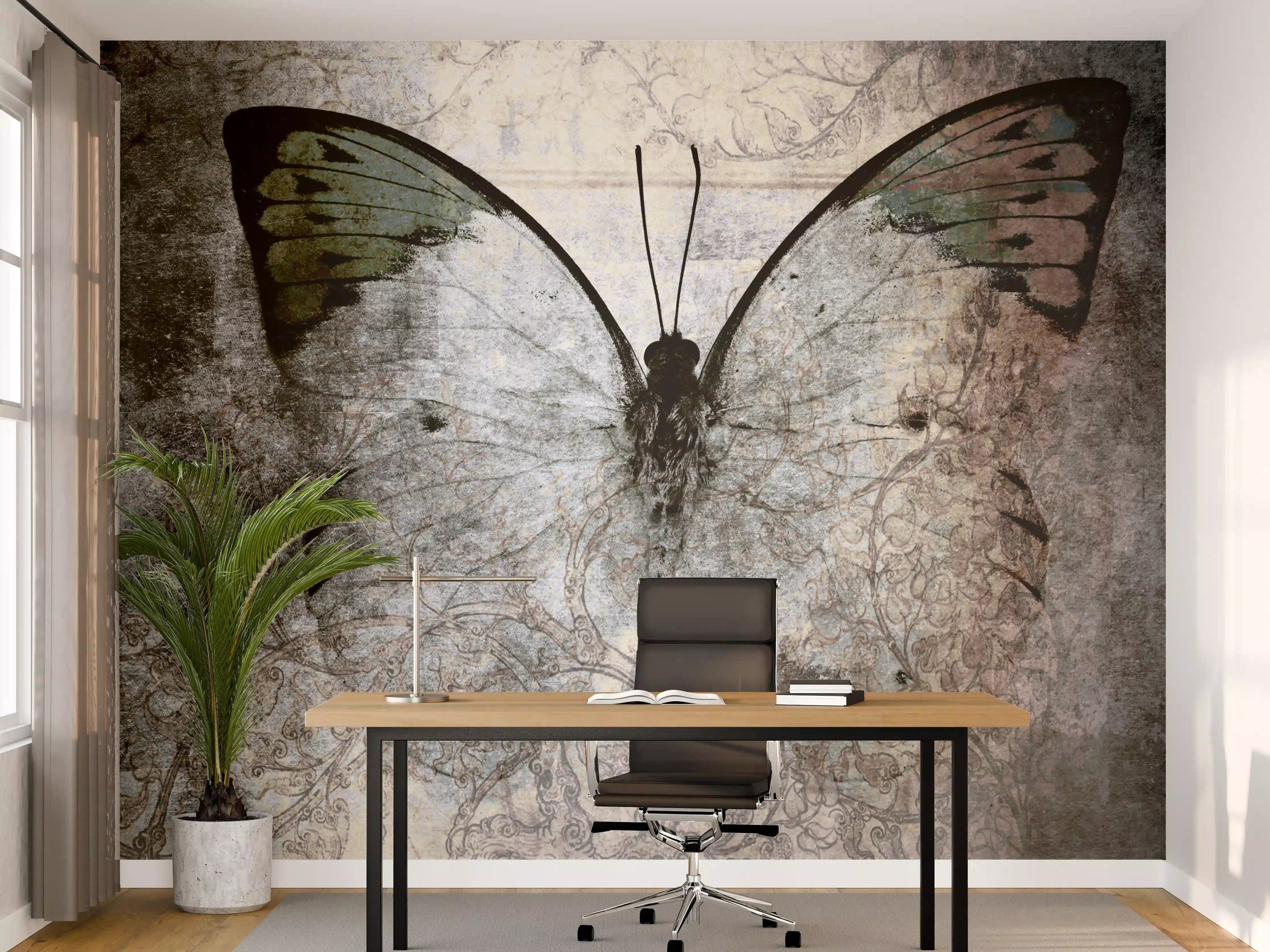 Büro Wandgestaltung - Schmetterling auf altem Papier mit kunstvollem Design