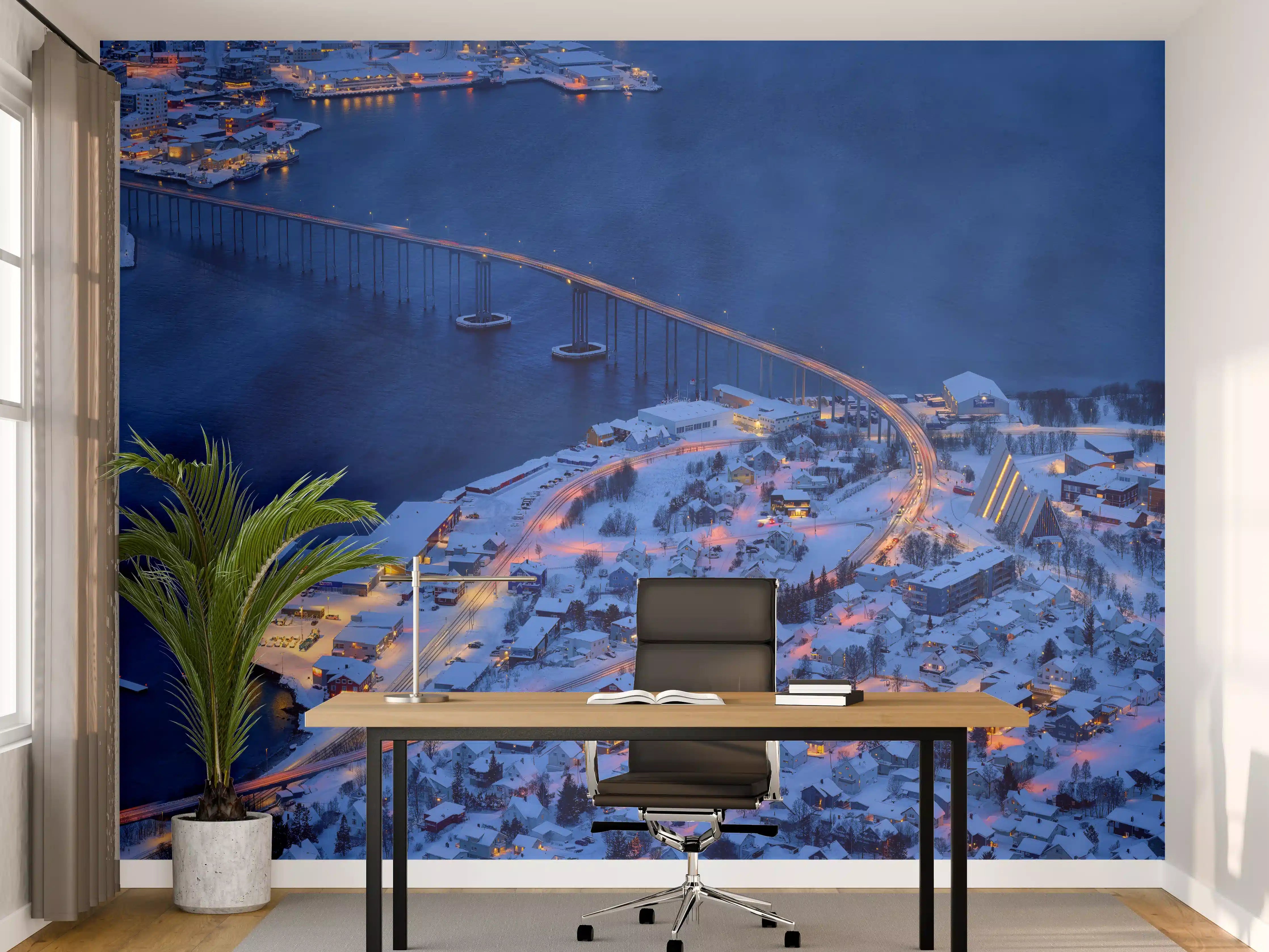 Büro Wandgestaltung - Schneebedehnte Stadt bei Nacht mit Brücke und Wasser