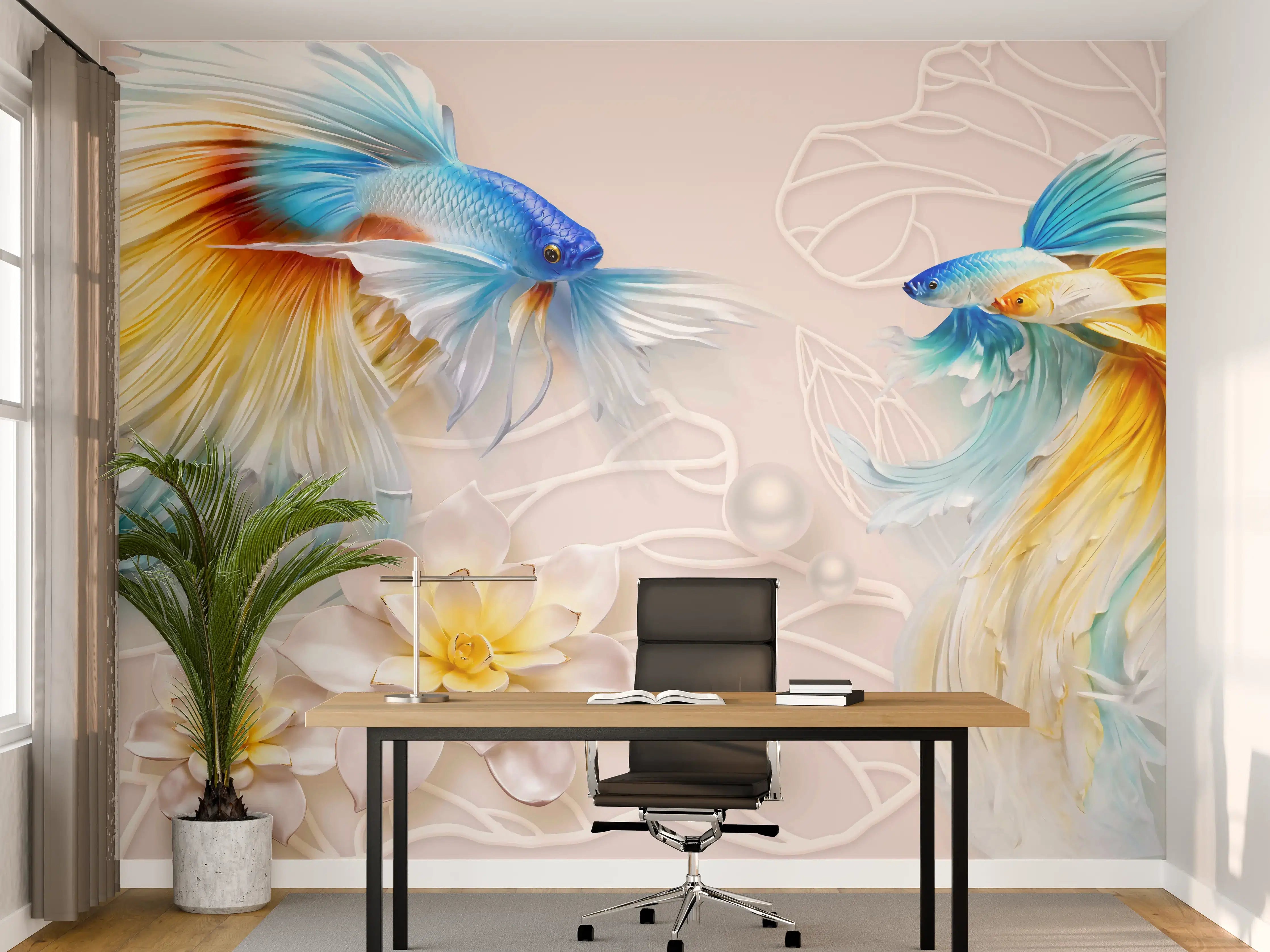 Büro Wandgestaltung - Schöne Fische auf Rosa Hintergrund