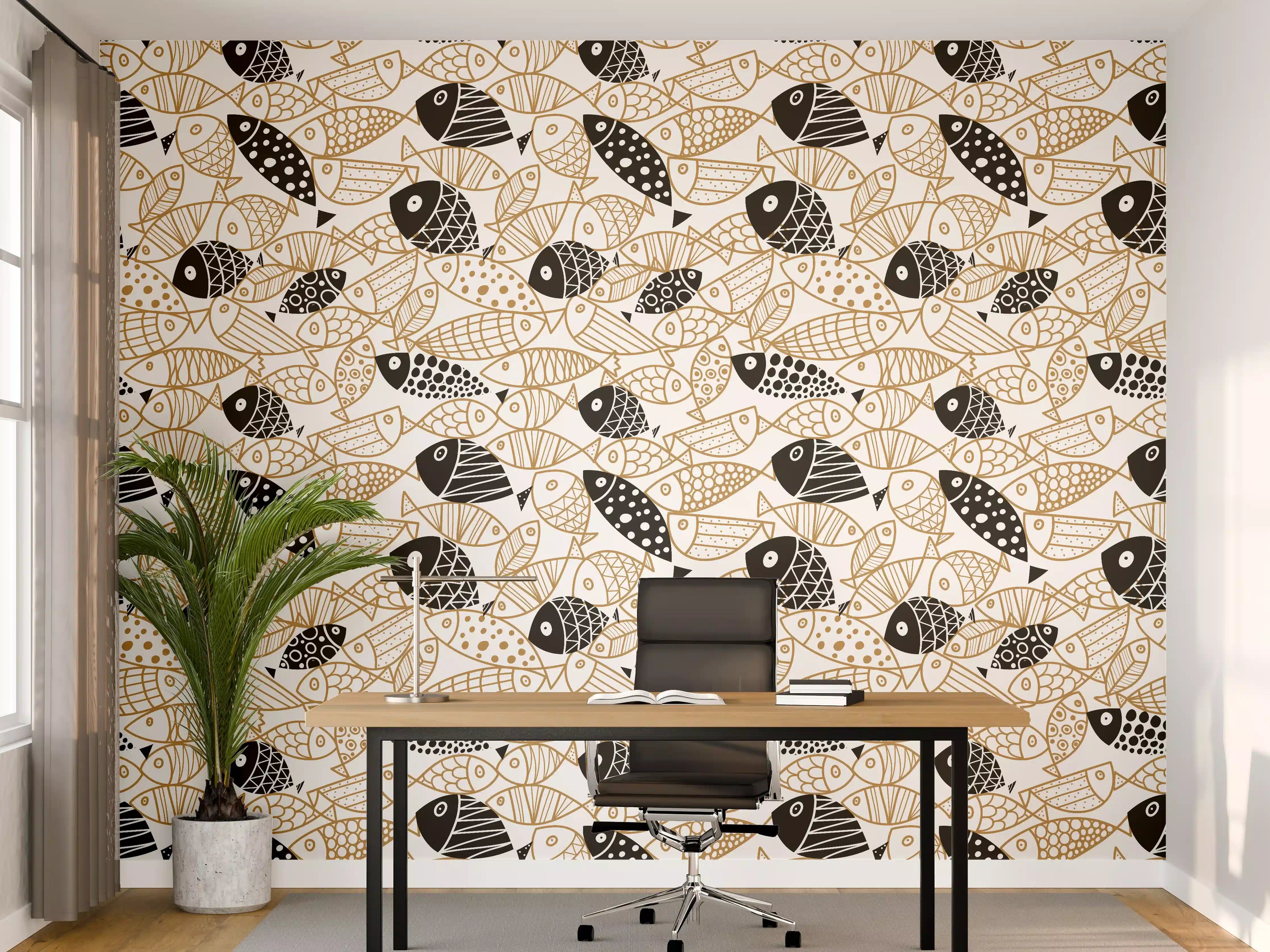 Büro Wandgestaltung - Schwarz-Gold Fische Muster