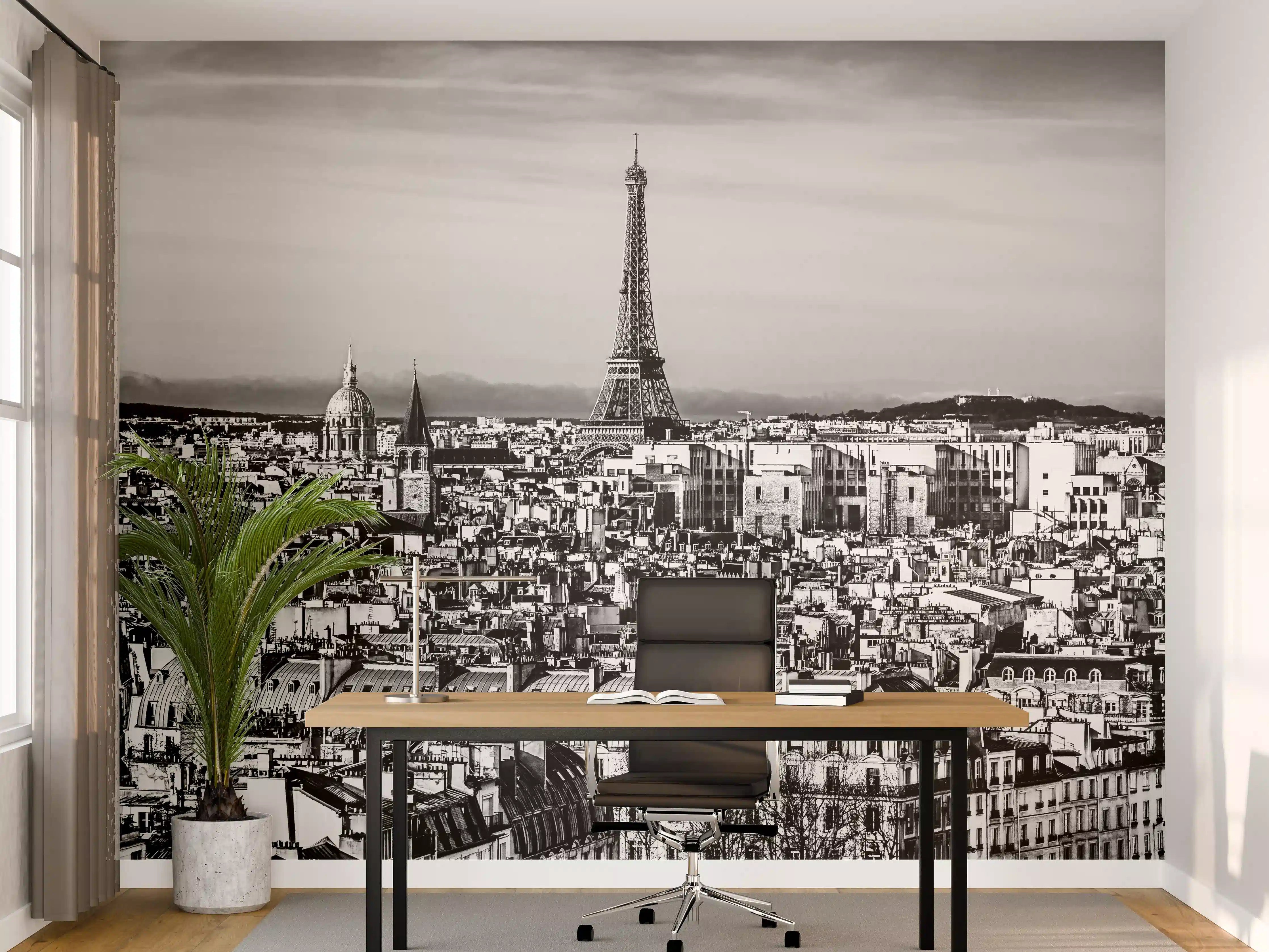 Büro Wandgestaltung - Schwarz-Weiß-Aufnahme des Pariser Stadtbildes mit Eiffelturm
