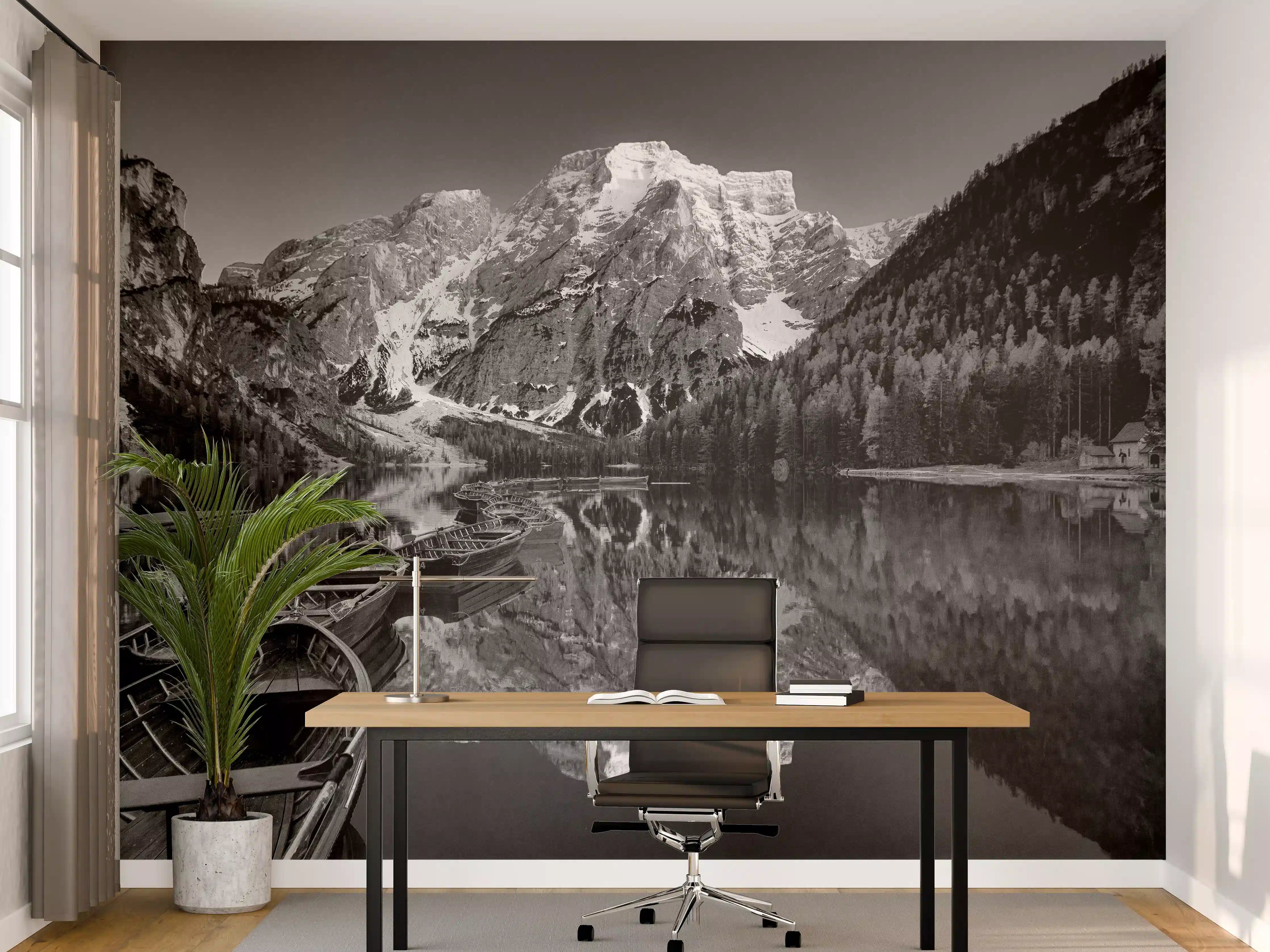 Büro Wandgestaltung - Schwarz-Weiß Bergsee Idylle