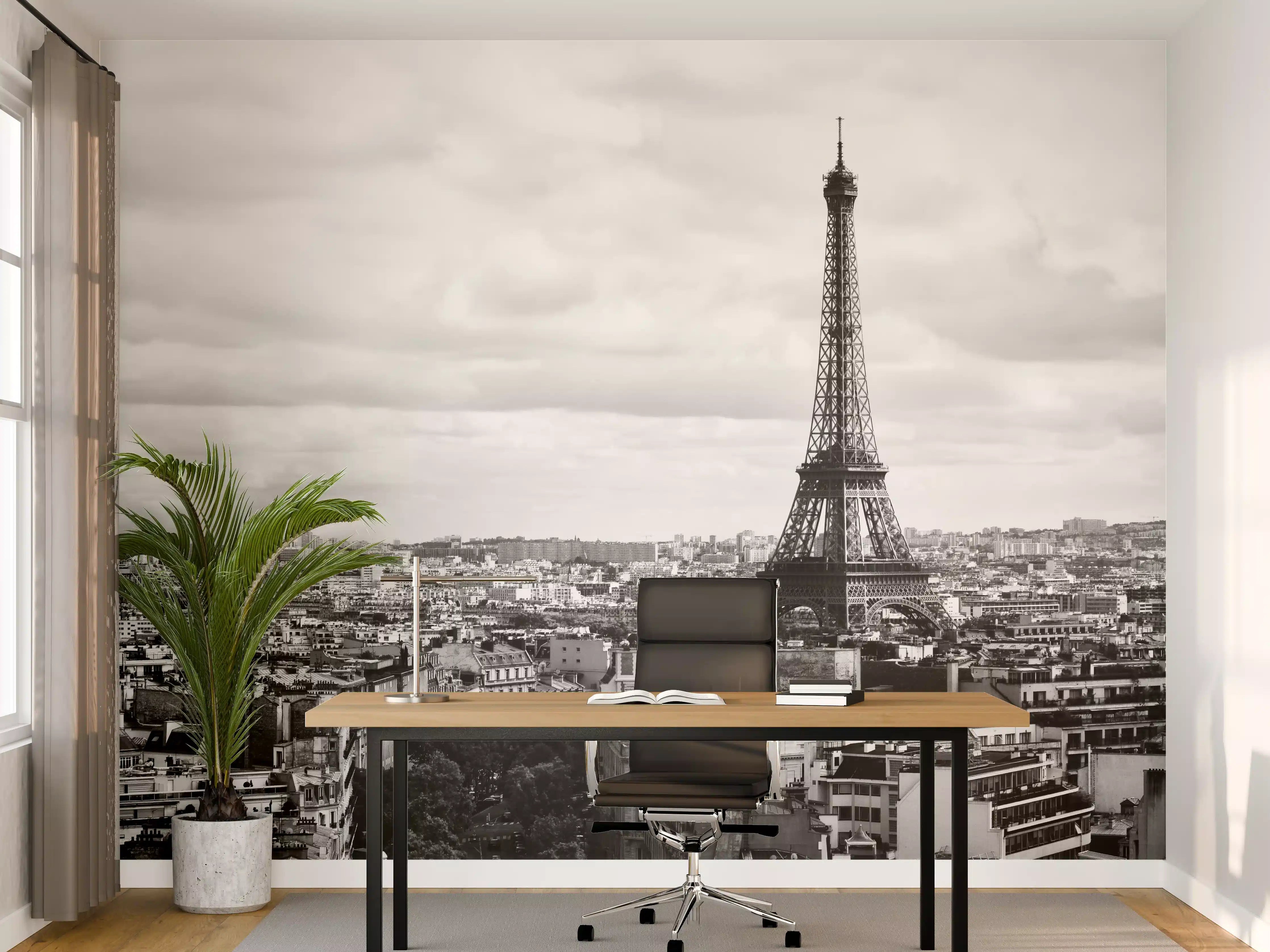 Büro Wandgestaltung - Schwarz-Weiß-Blick auf den Eiffelturm in Paris