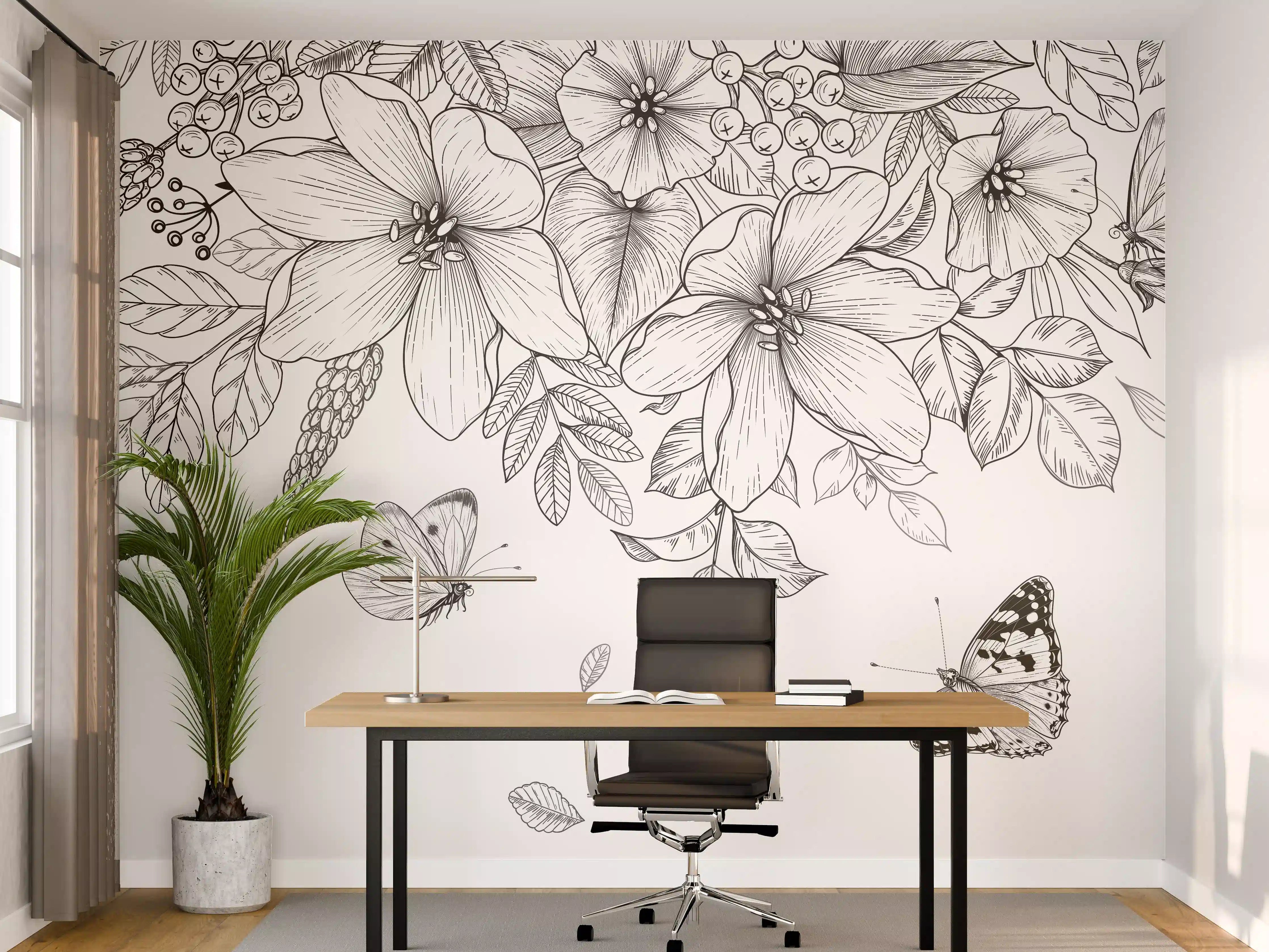 Büro Wandgestaltung - Schwarz-Weiß Floralzeichnung