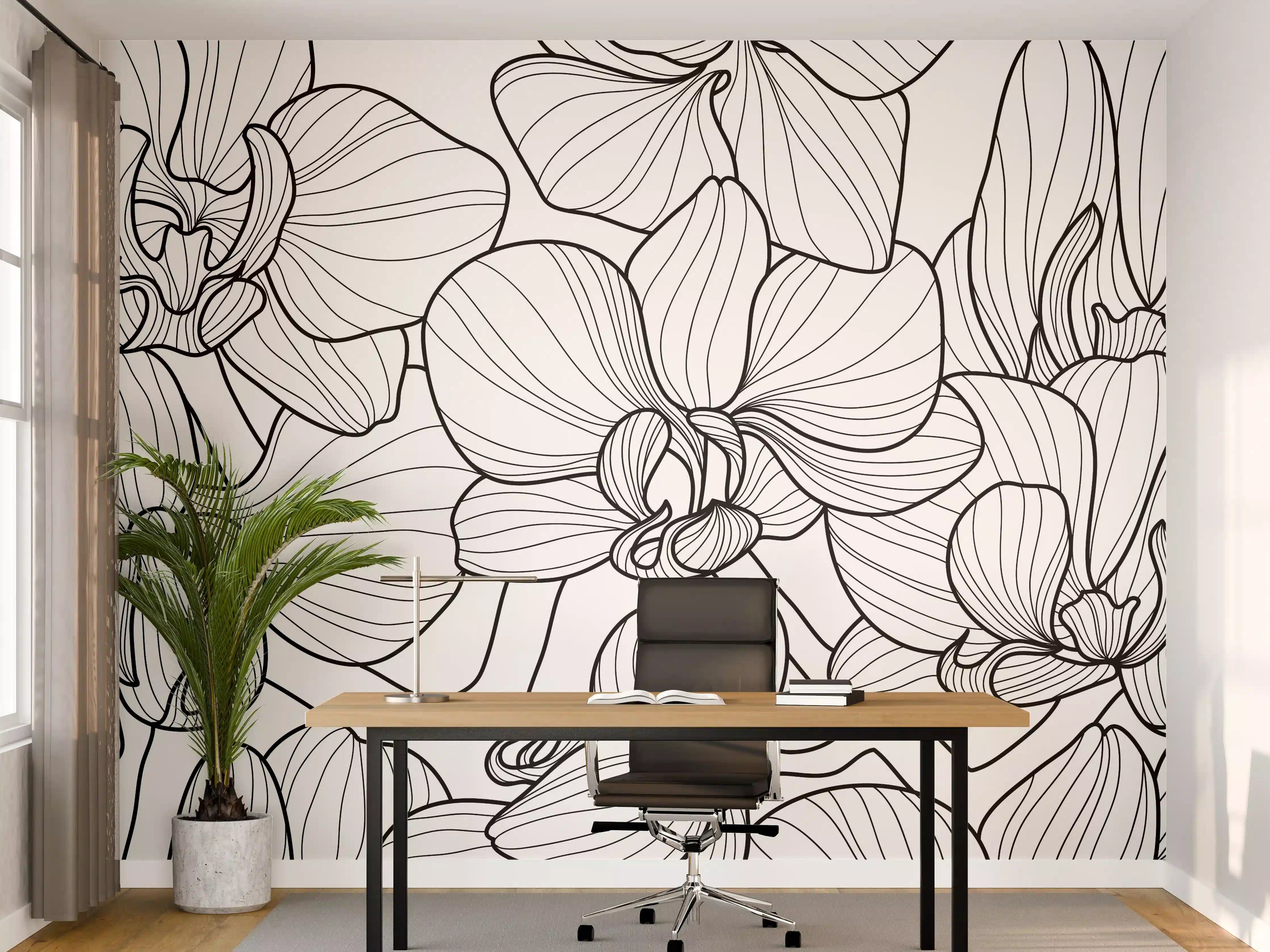 Büro Wandgestaltung - Schwarz-Weiß Orchideenzeichnung