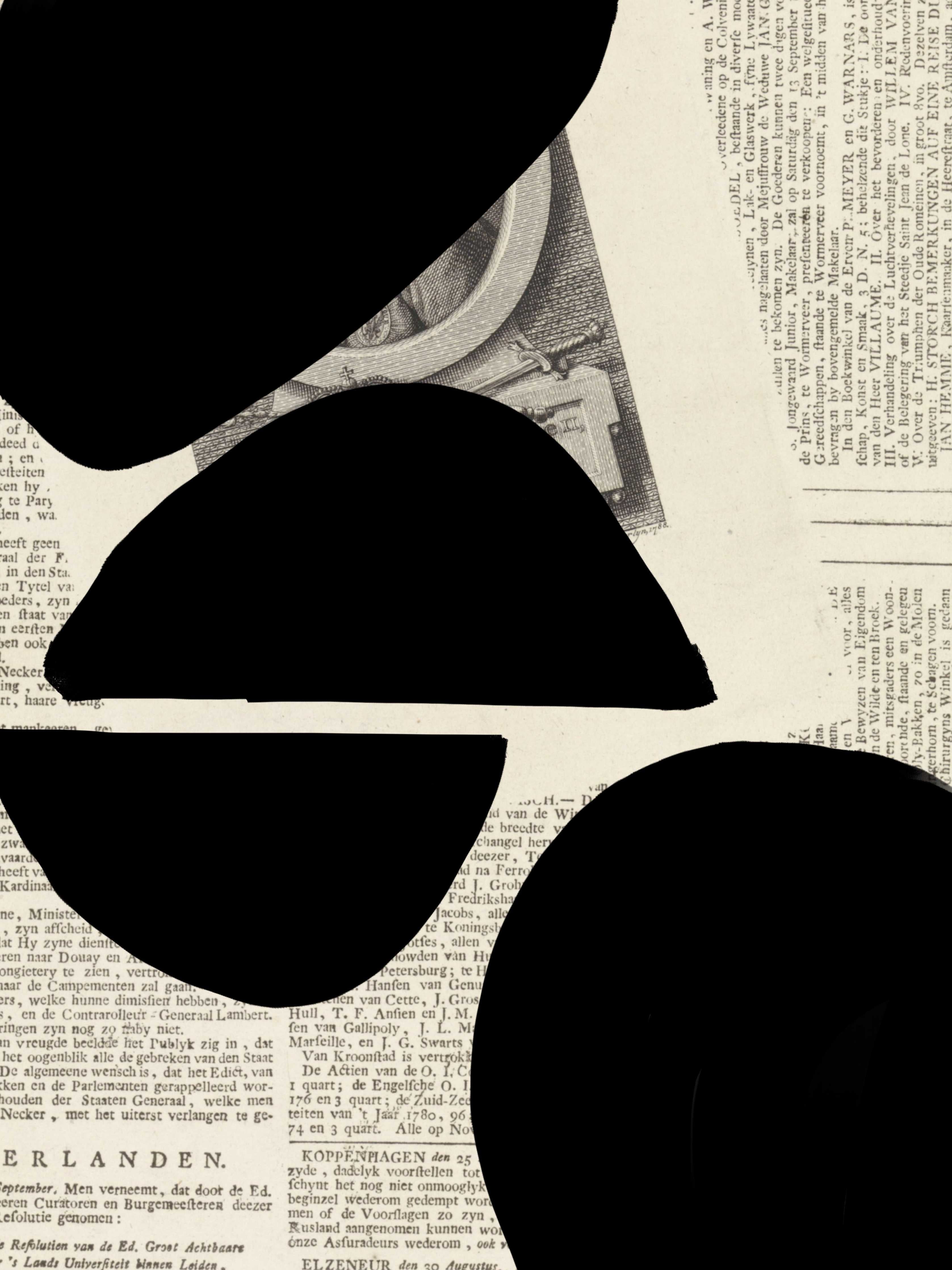 Büro Wandgestaltung-Schwarz-Weiße Collage mit Zeitungstexten und abstrakten Formen