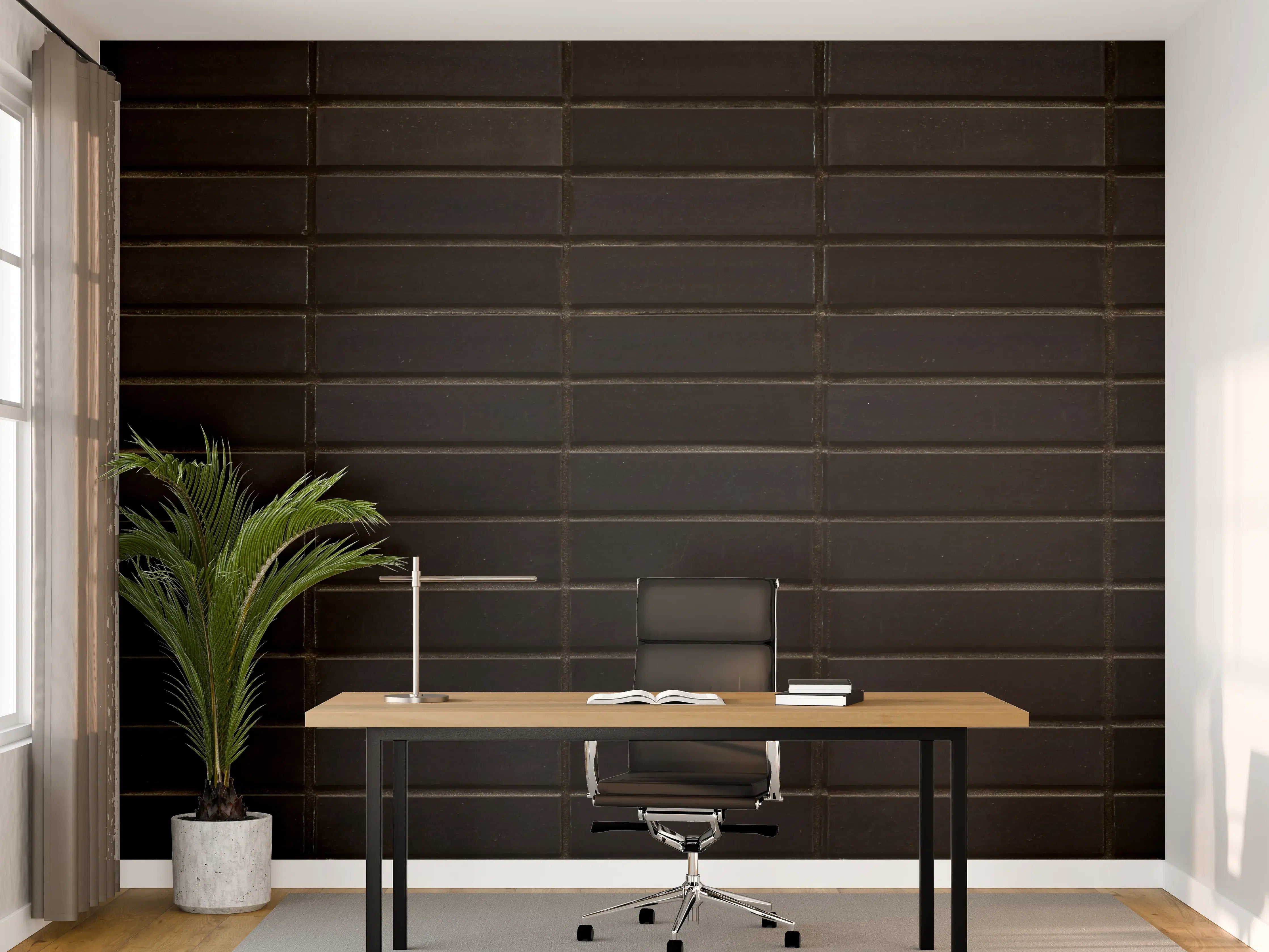 Büro Wandgestaltung - Schwarze Backsteinmauer mit goldener Akzent