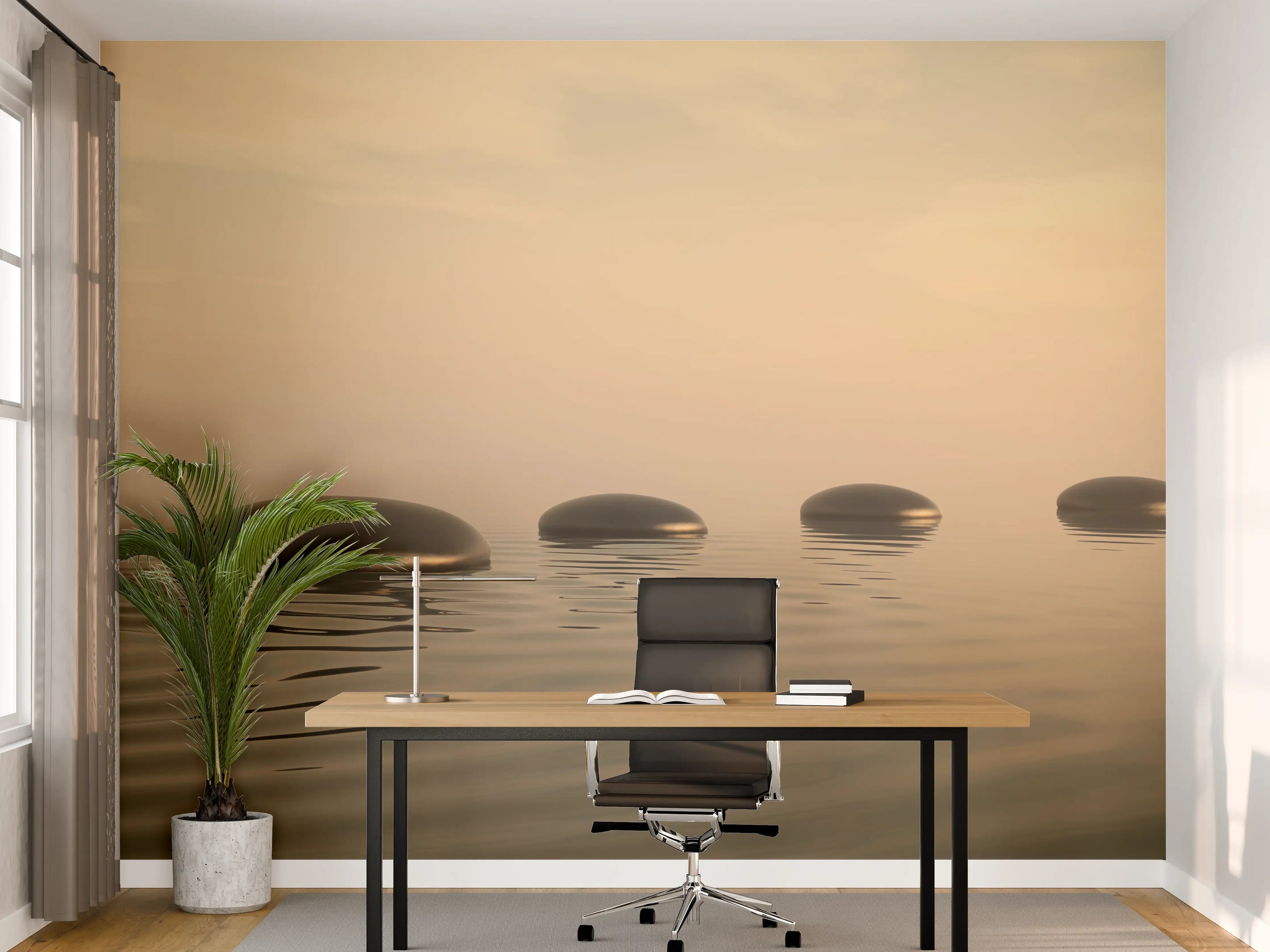 Büro Wandgestaltung - Schwarze Zen-Steine auf ruhigem Beige