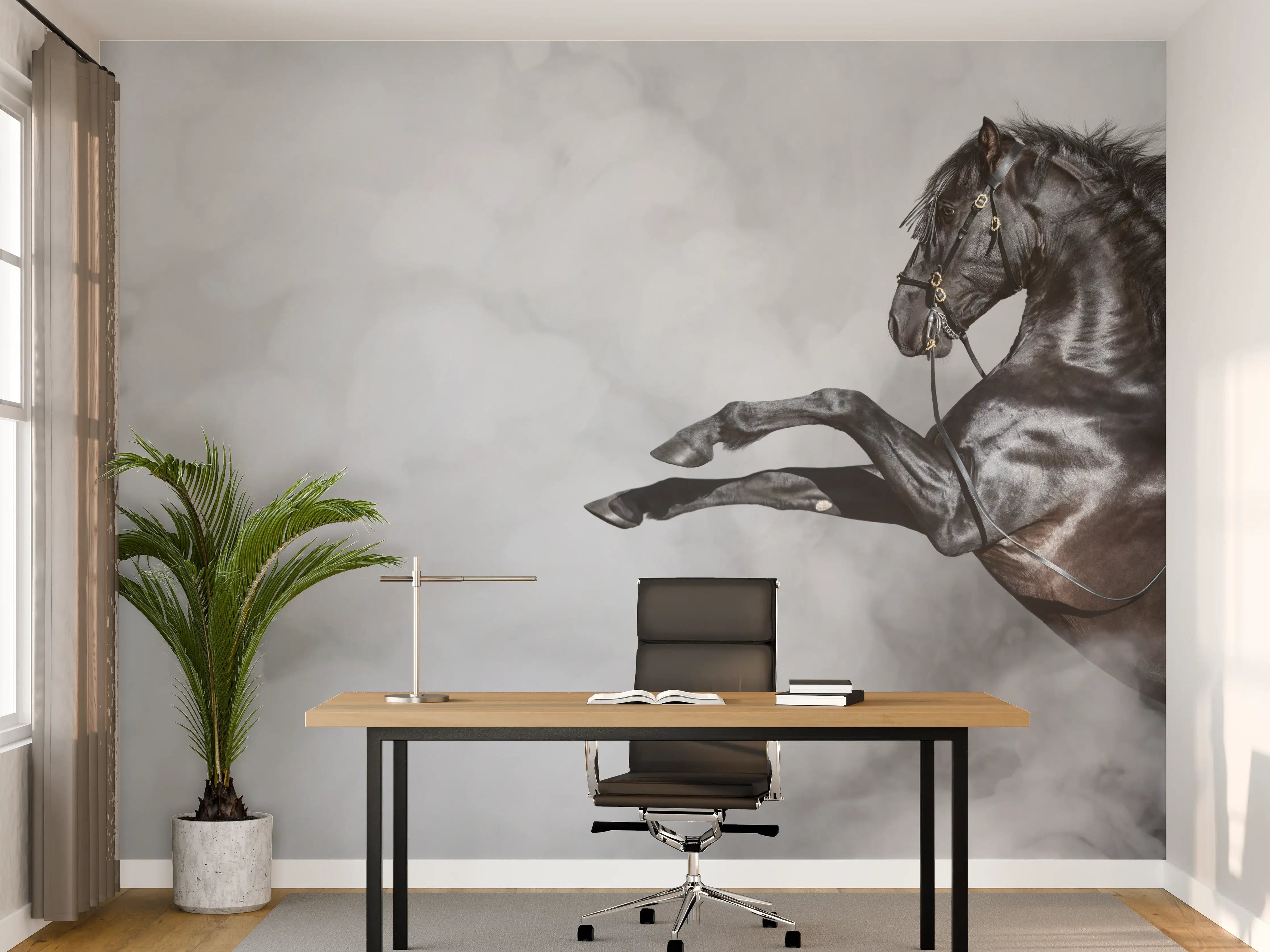 Büro Wandgestaltung - Schwarzes Pferd im Nebel Kunstbild