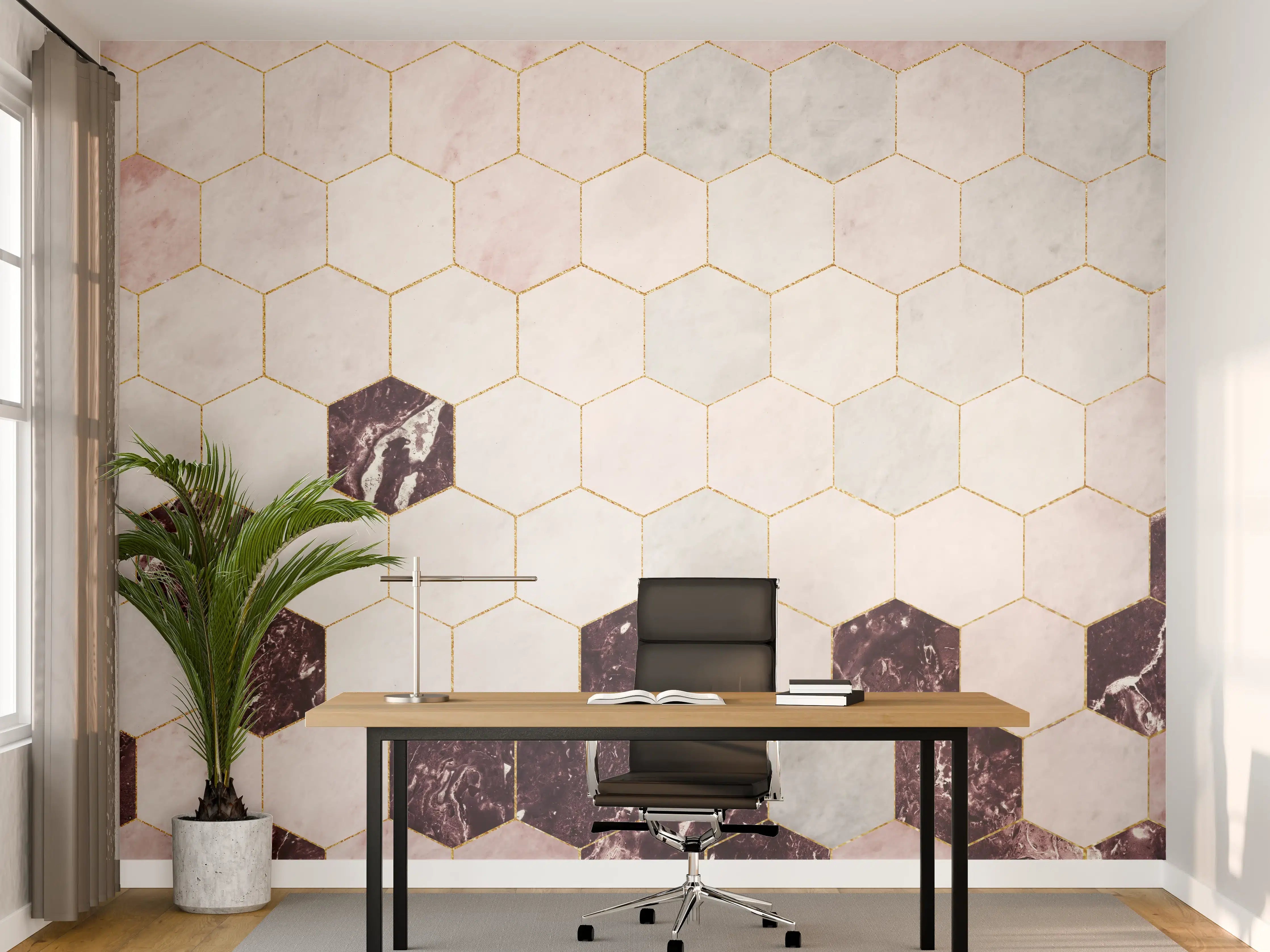 Büro Wandgestaltung - Sechseckige rosafarbiger Marmor mit Goldumrandung