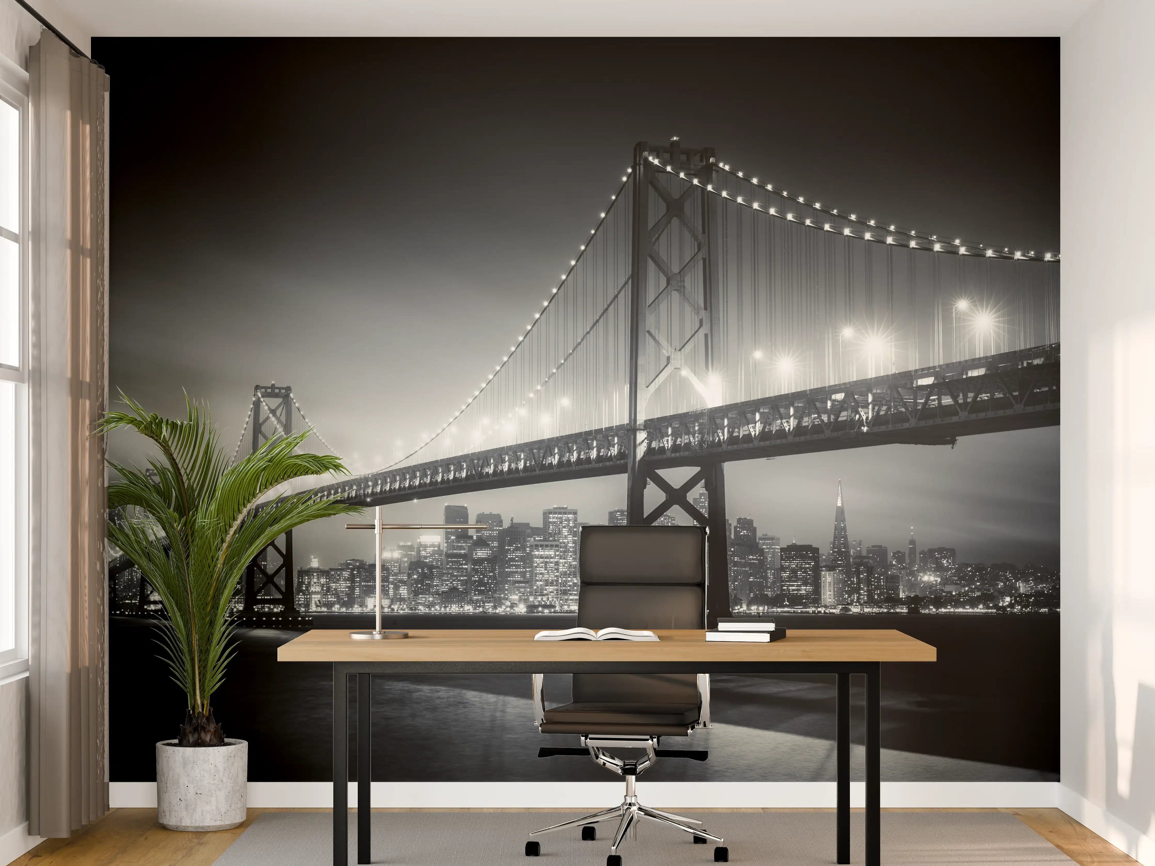 Büro Wandgestaltung - Silhouette der Stadt bei Nacht mit beleuchteter Brücke