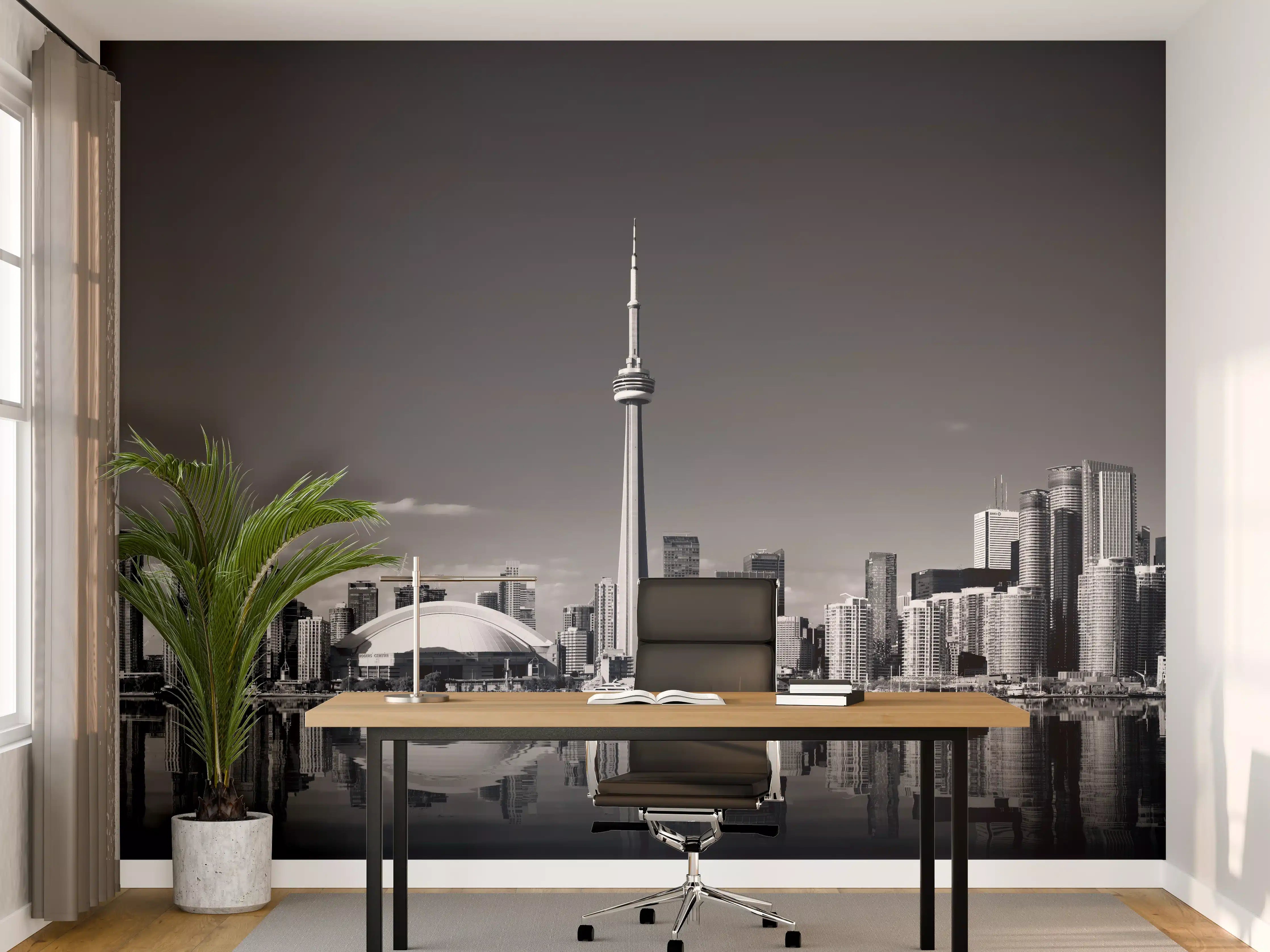 Büro Wandgestaltung - Skyline von Toronto mit CN Turm in schwarz weiß