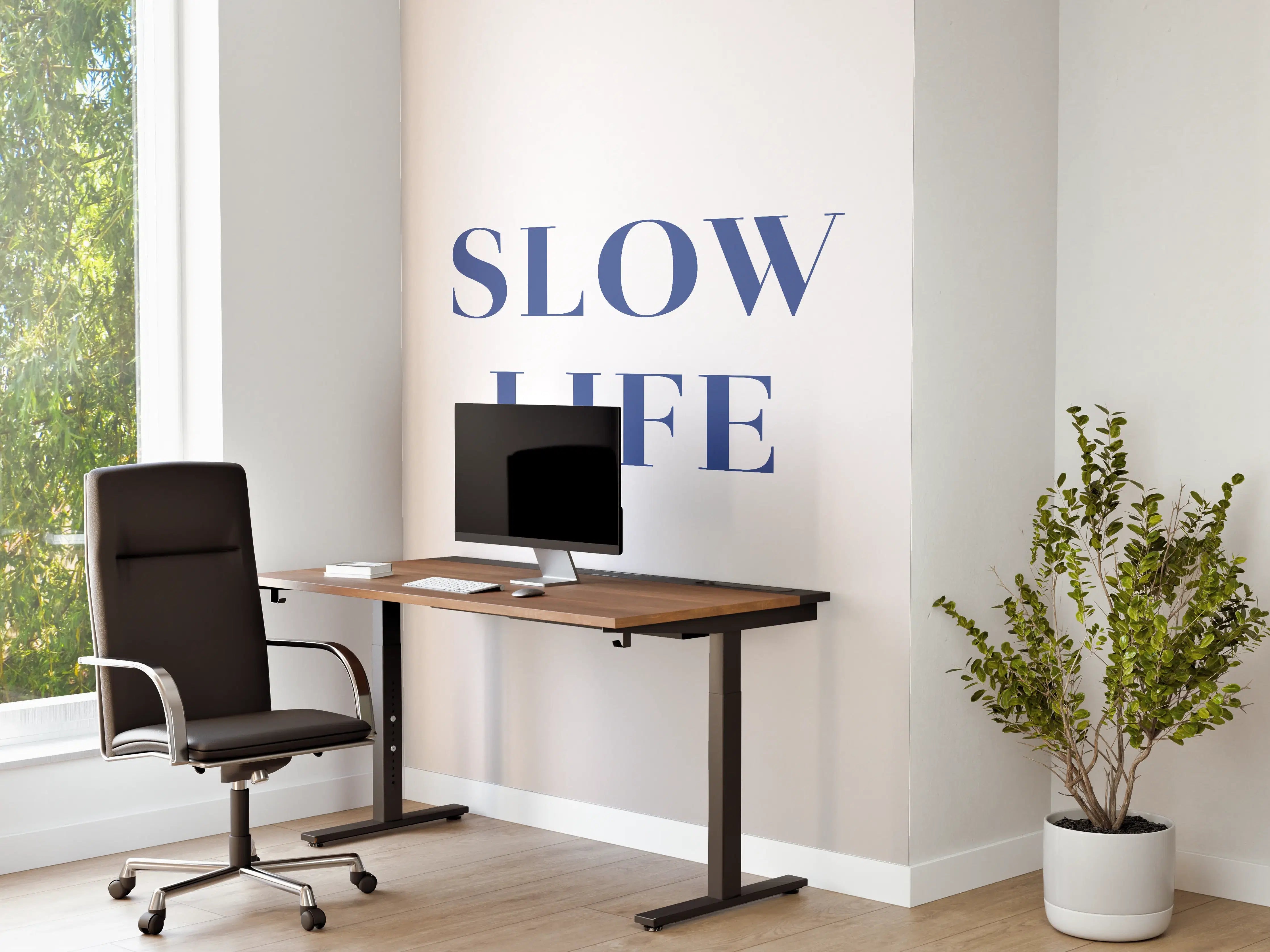 Büro Wandgestaltung - Slow Life Text in Blau auf Weiß
