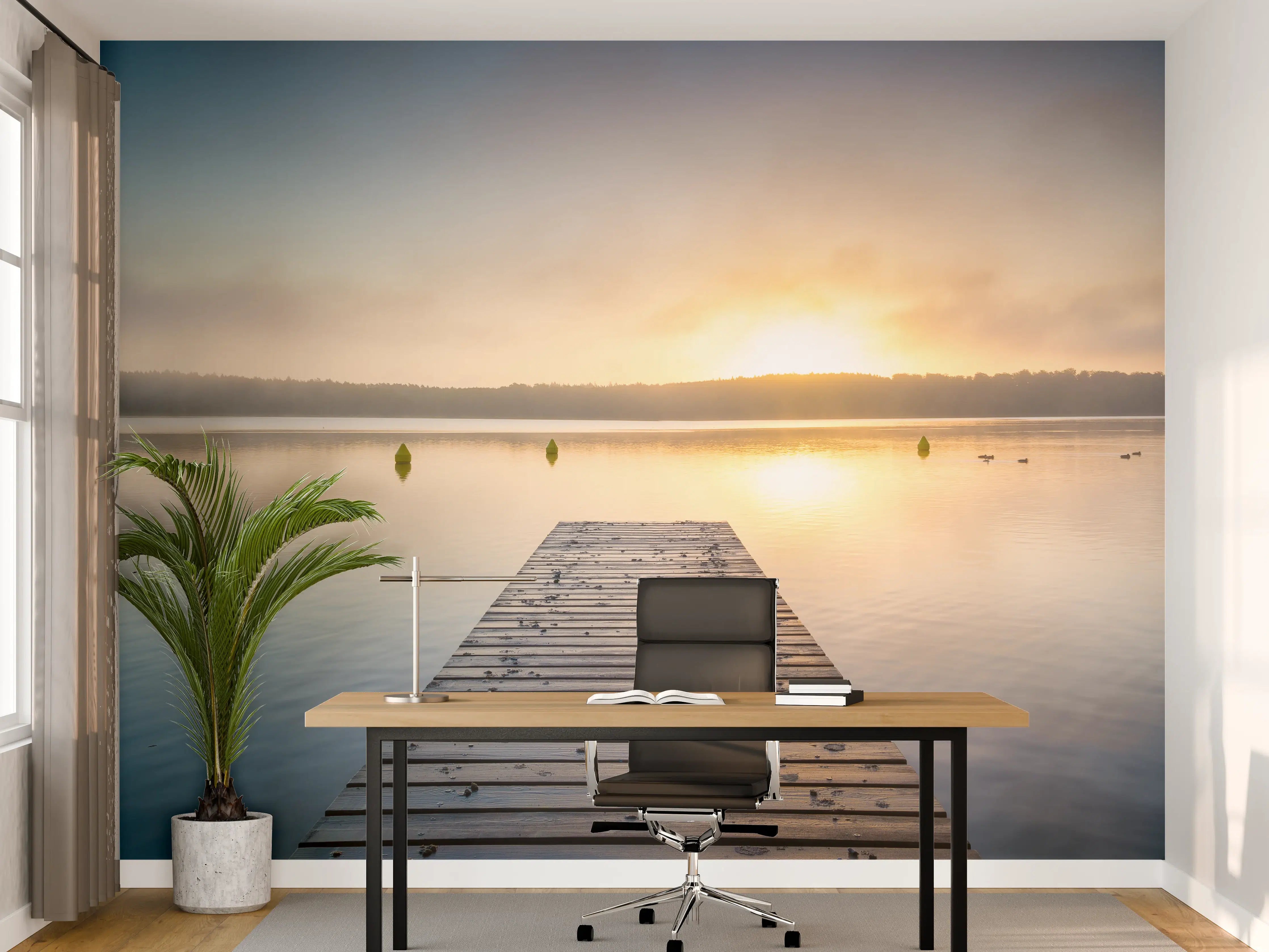 Büro Wandgestaltung - Sonnenaufgang am See mit Nebel