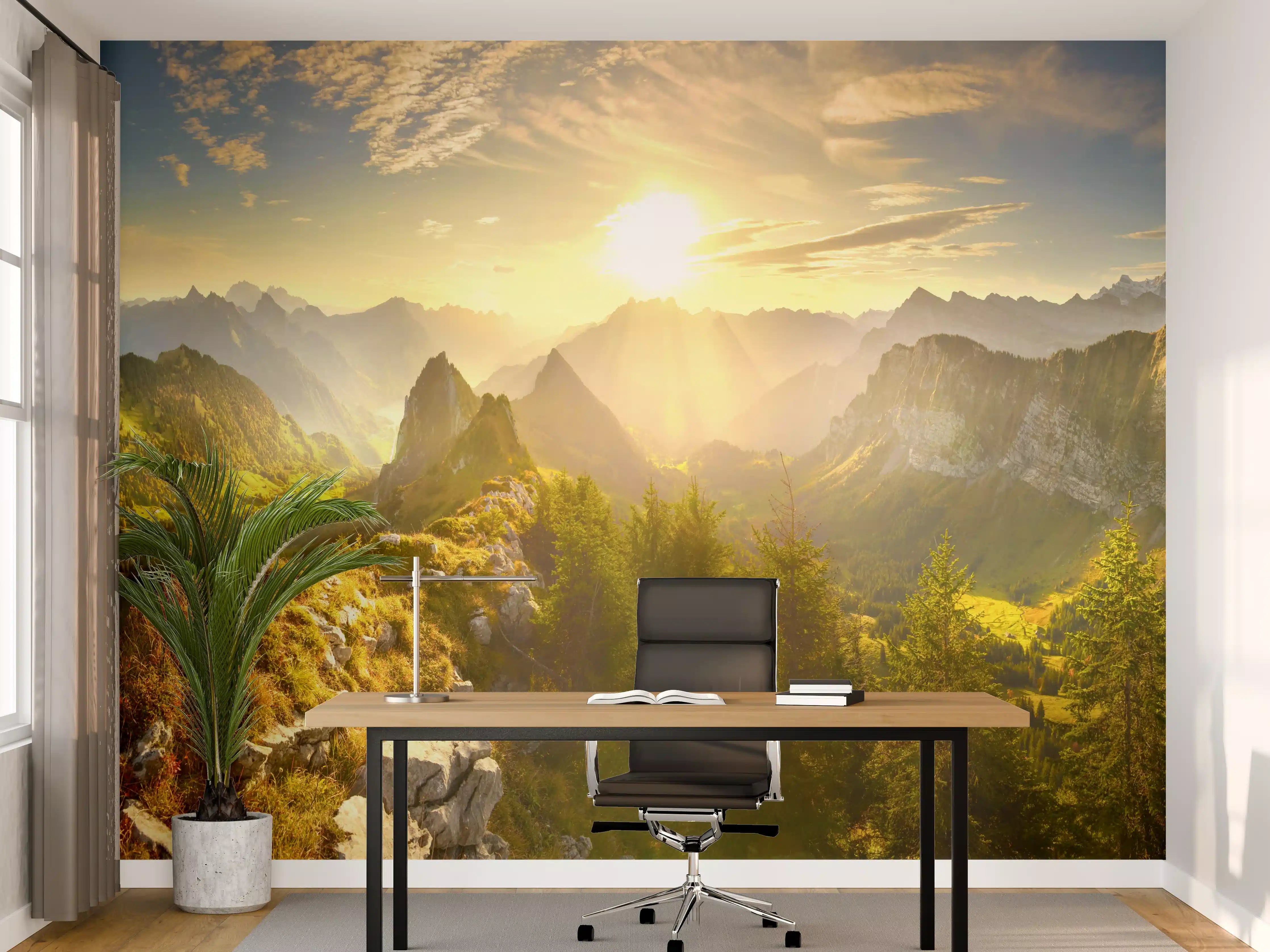 Büro Wandgestaltung - Sonnenaugang über Schweizer Alpen