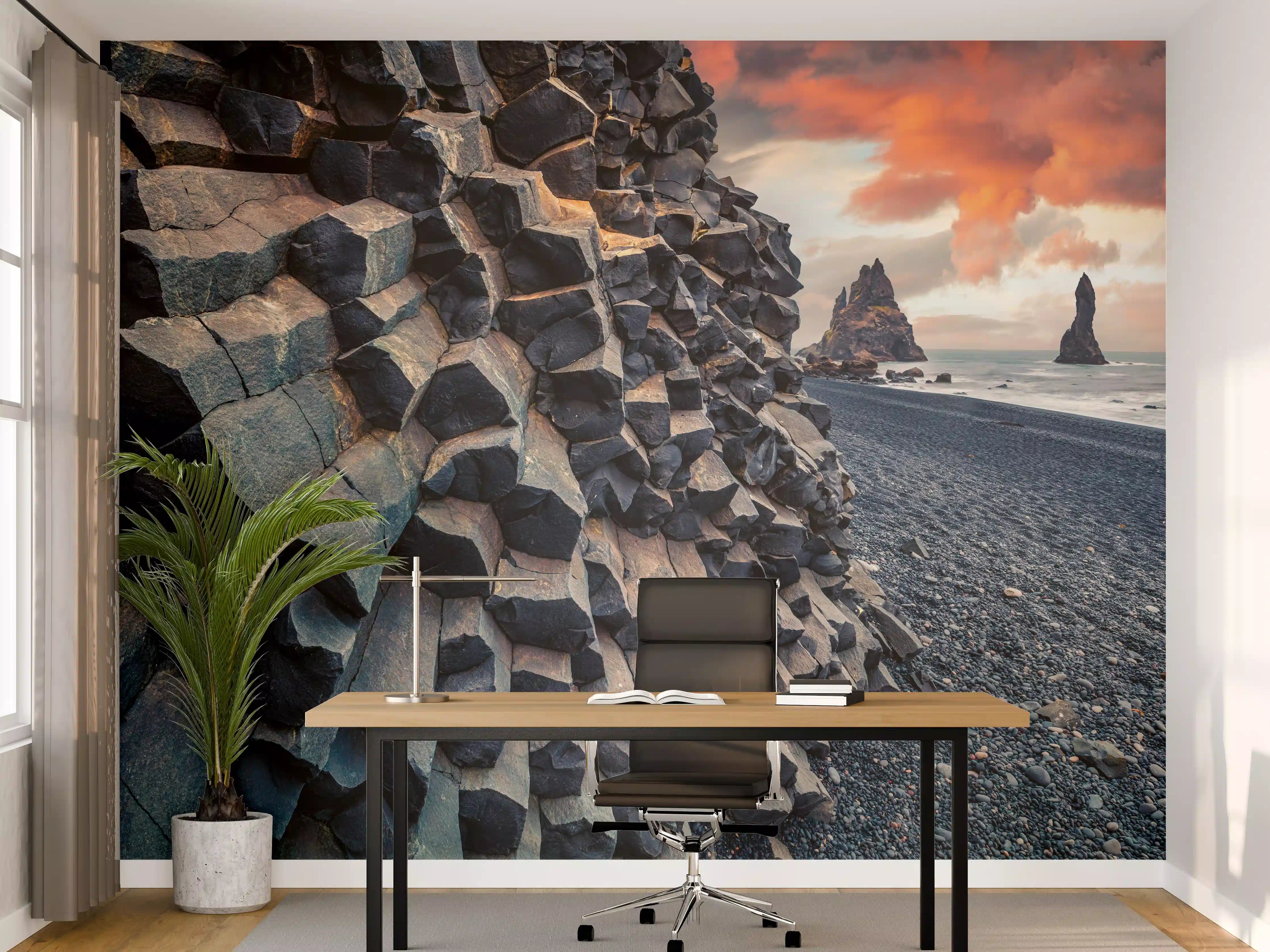 Büro Wandgestaltung - Sonnenuntergang - Reynisdrangar, Atlantischer Ozean